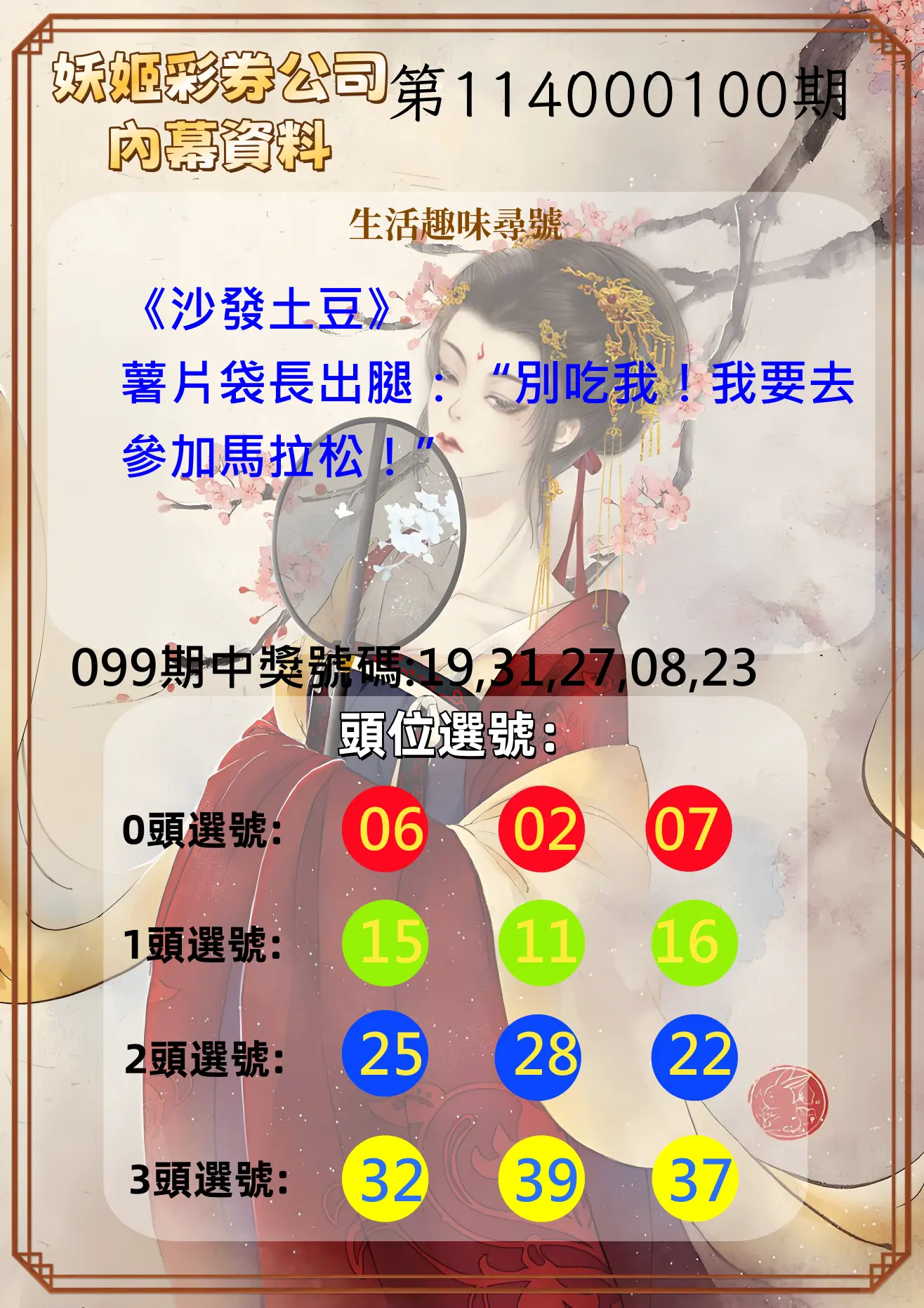 今彩539第114000100期妖姬彩券公司內幕資料