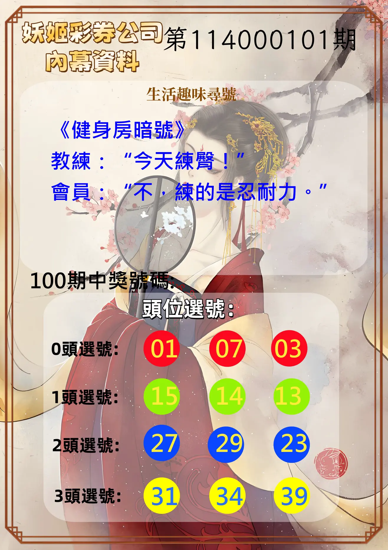 今彩539第114000101期妖姬彩券公司內幕資料