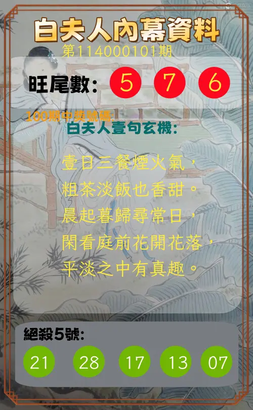 今彩539第114000101期白夫人內幕資料