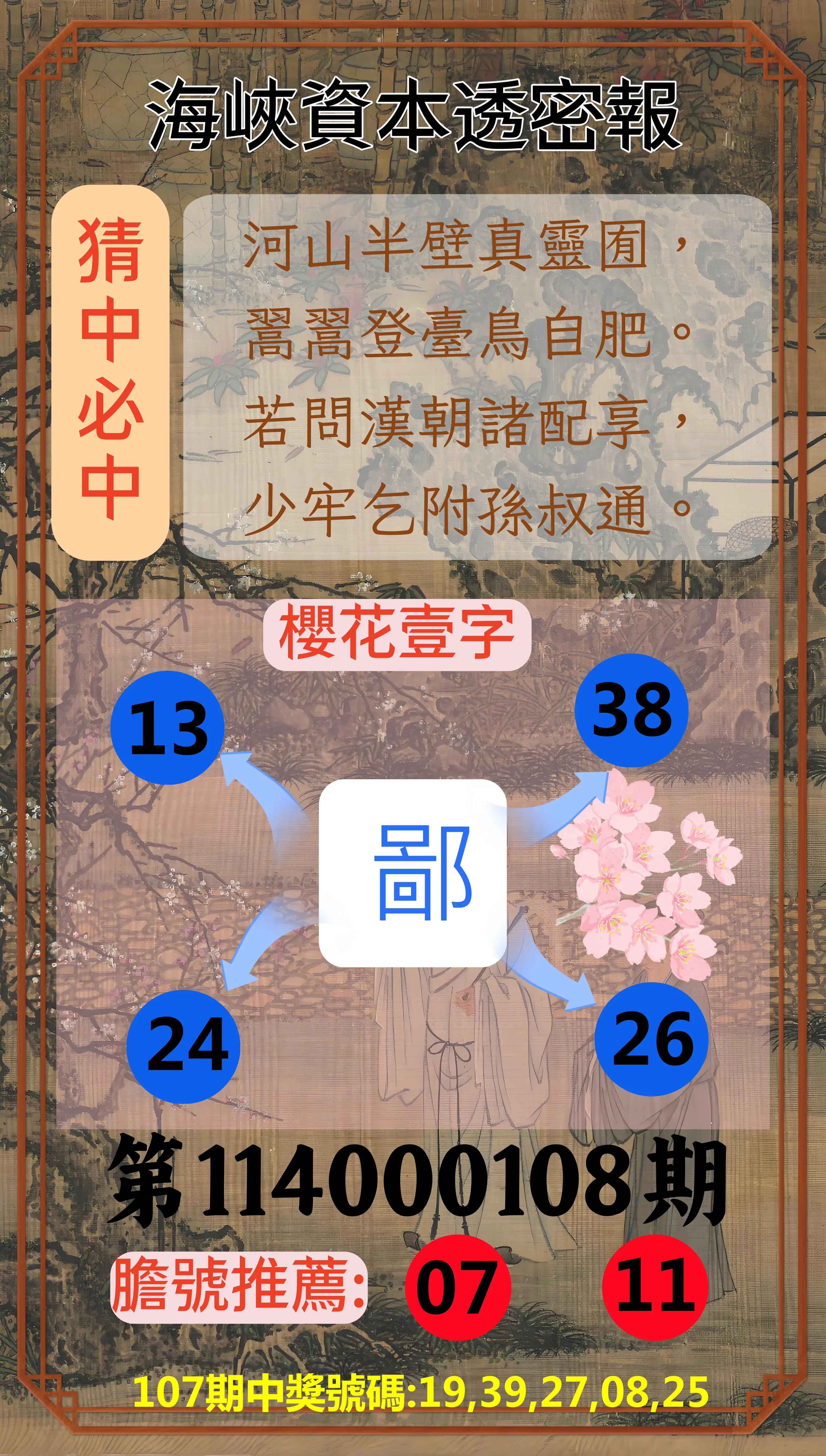 今彩539第114000108期海峽資本透密報