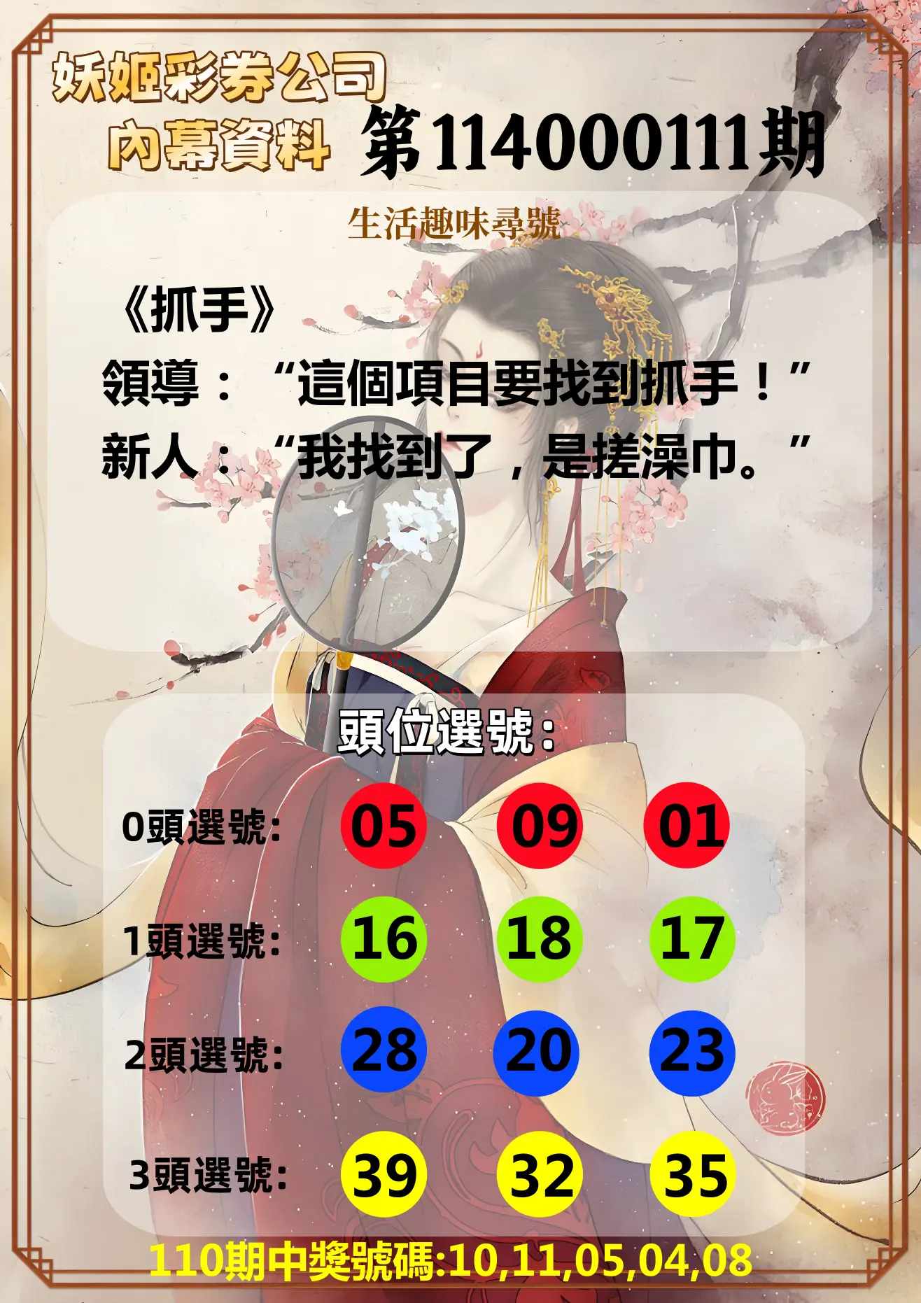 今彩539第114000111期妖姬彩券公司內幕資料