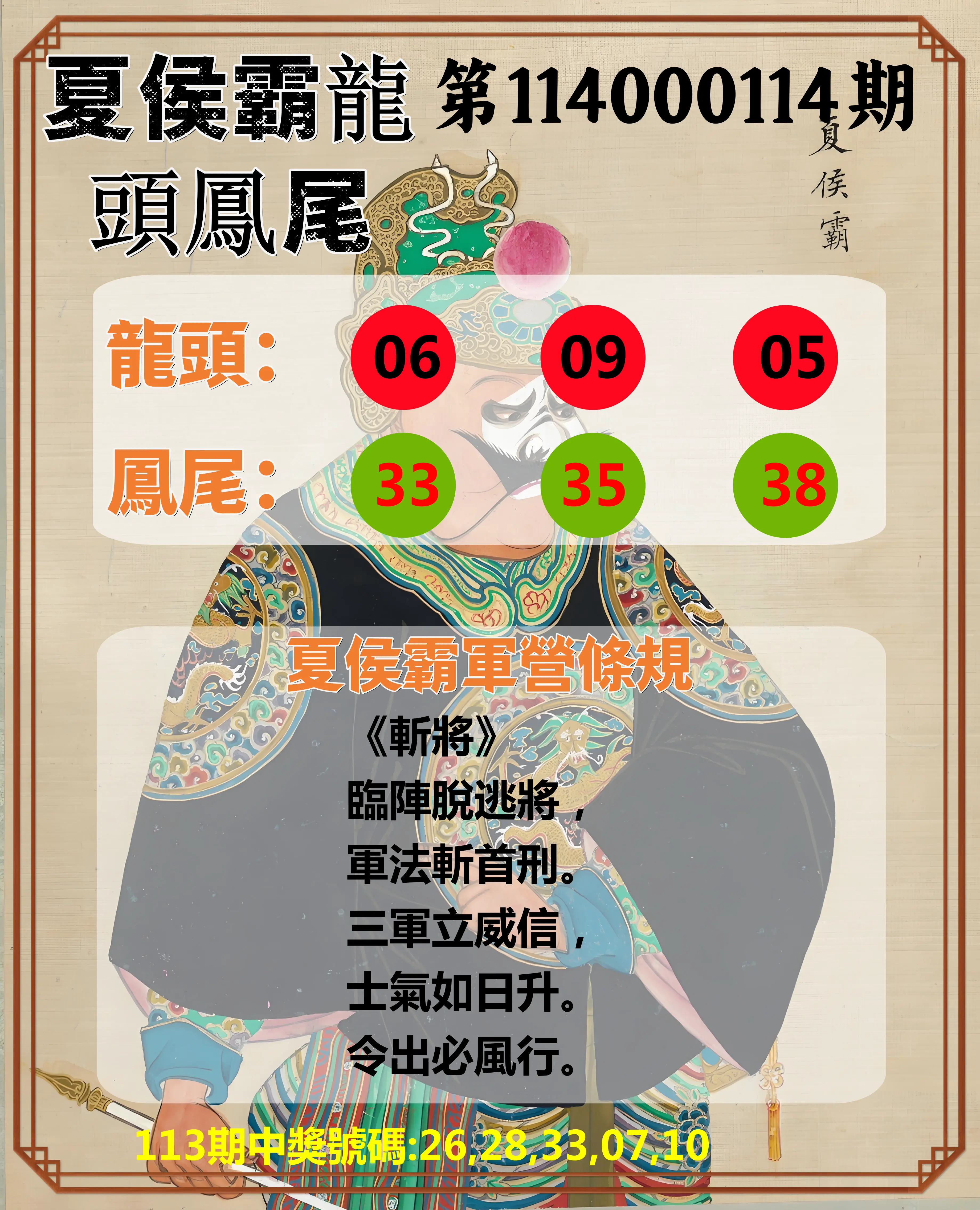 今彩539第114000114期夏侯霸龍頭鳳尾