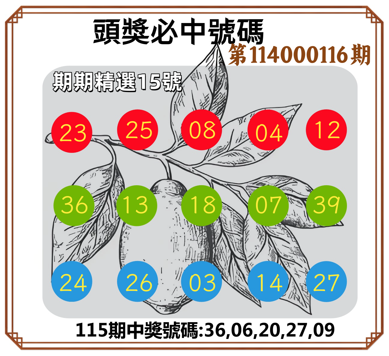 今彩539第114000116期頭獎必中號碼