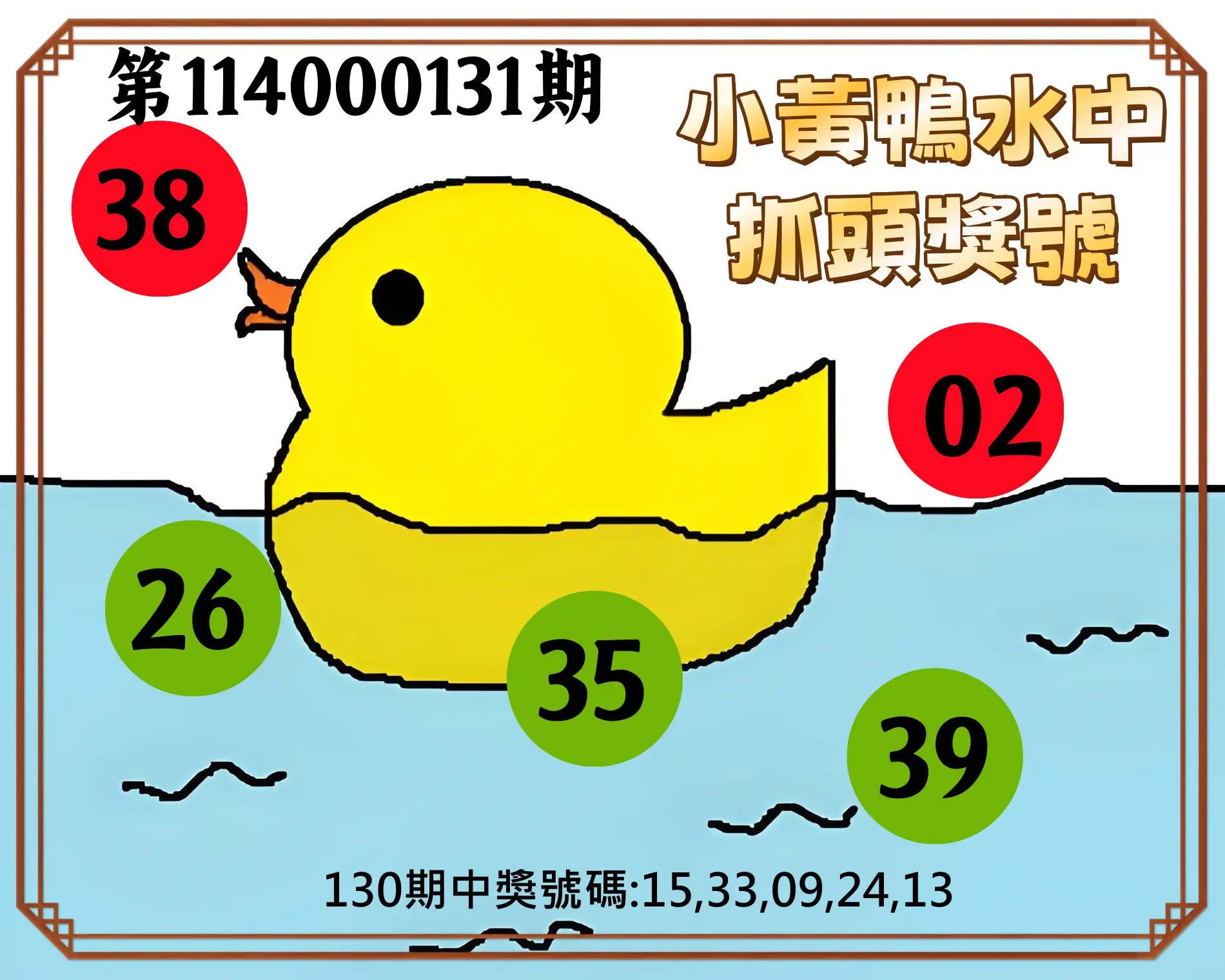 今彩539第114000131期小黃鴨水中抓頭獎號