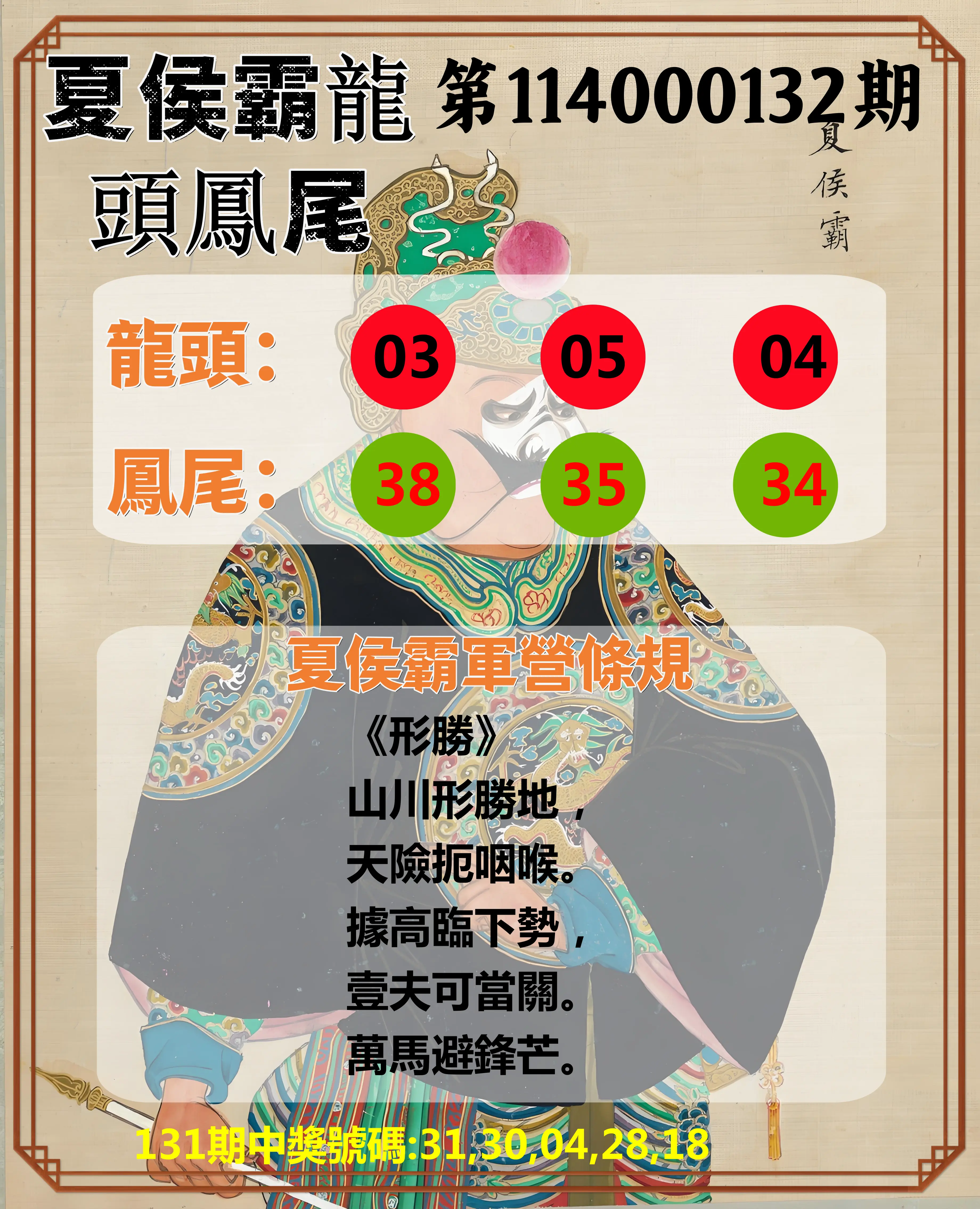 今彩539第114000132期夏侯霸龍頭鳳尾