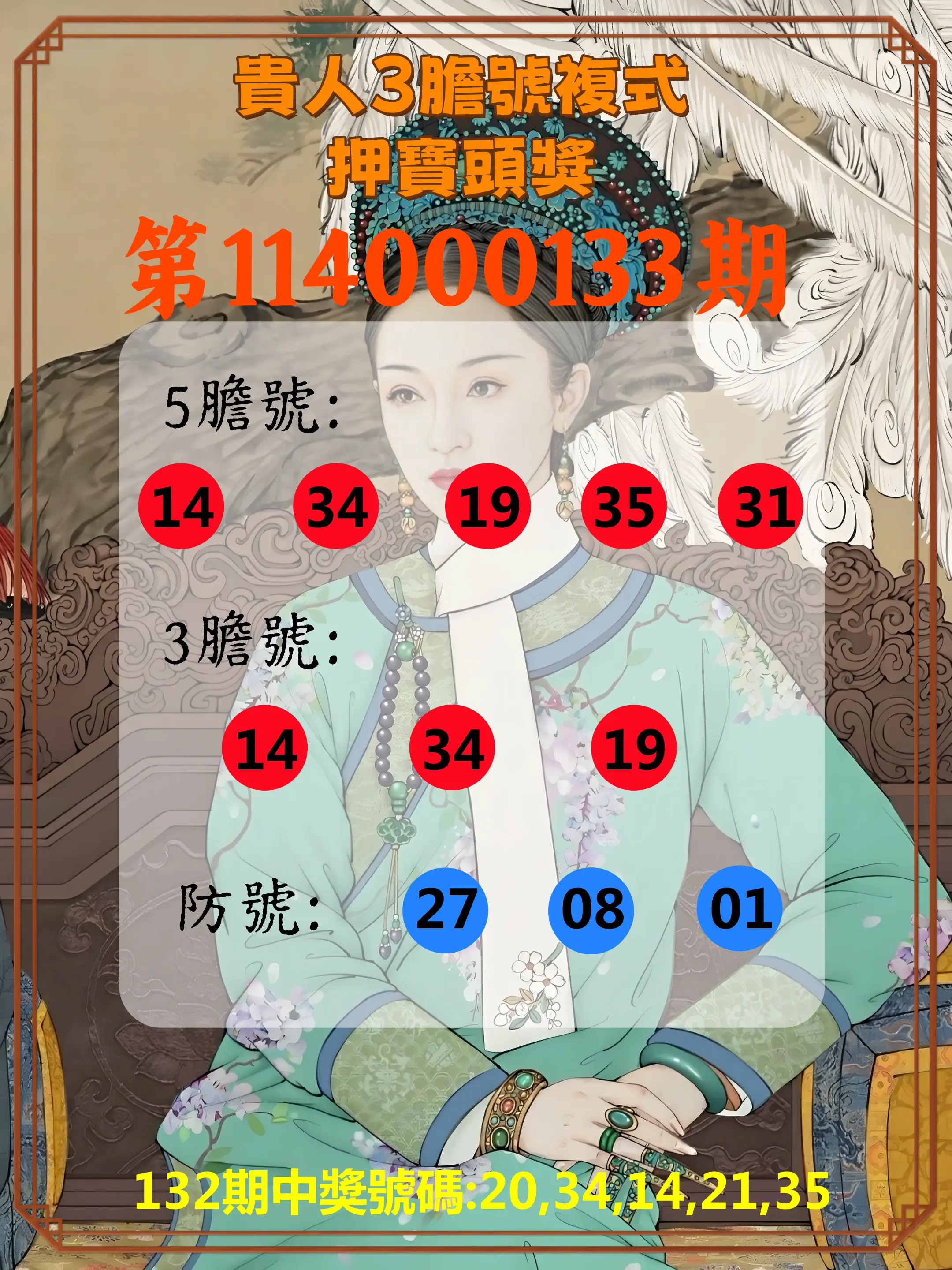 今彩539第114000133期貴人3膽號複式押寶頭獎