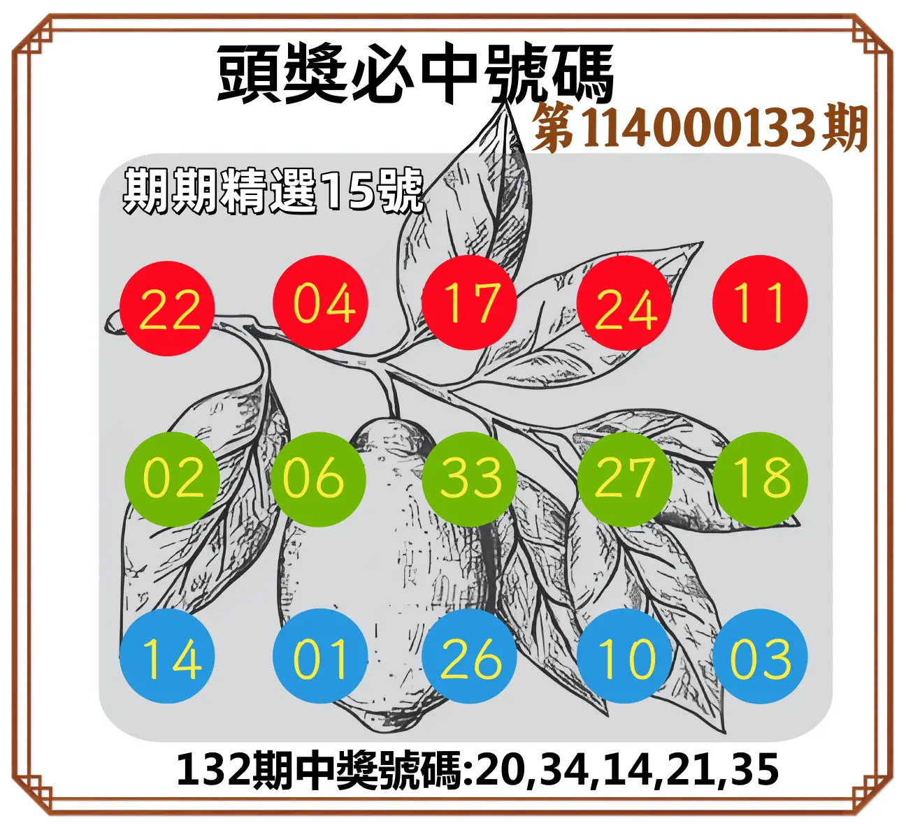 今彩539第114000133期頭獎號碼