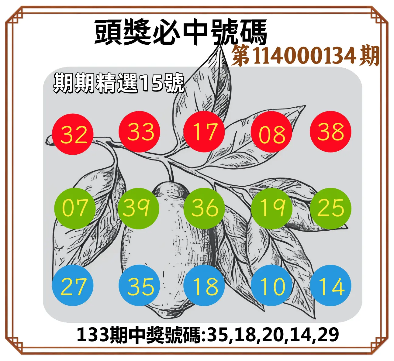 今彩539第114000134期頭獎號碼