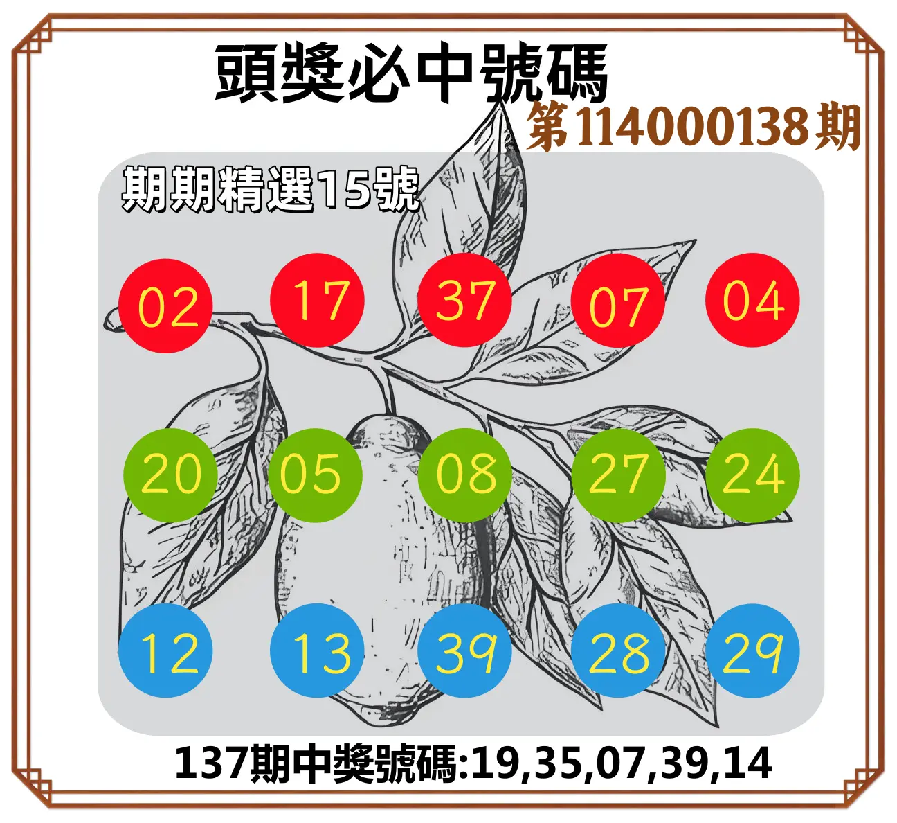 今彩539第114000138期頭獎號碼