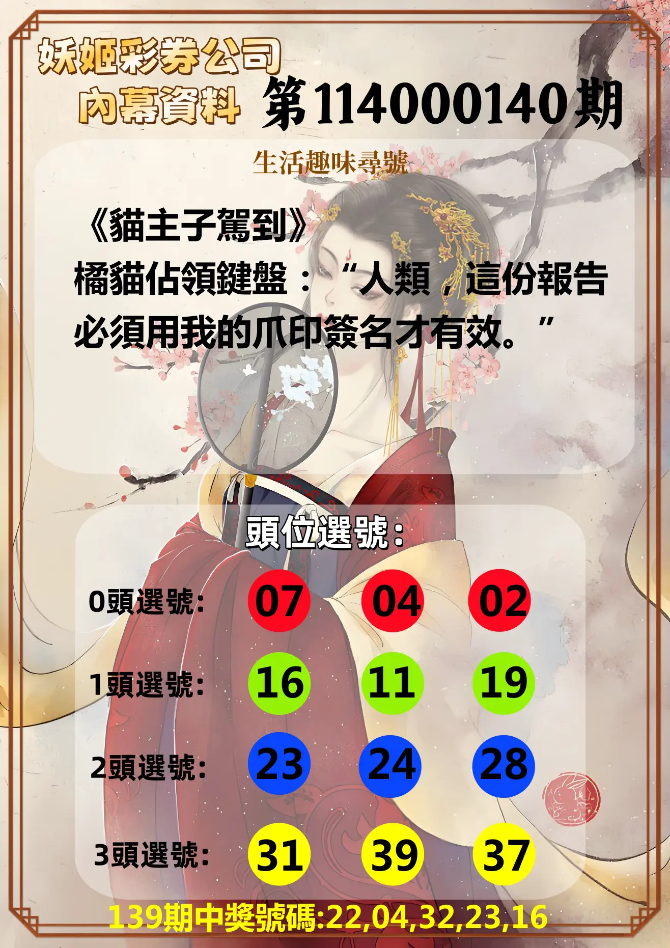 今彩539第114000140期妖姬彩券公司內幕資料