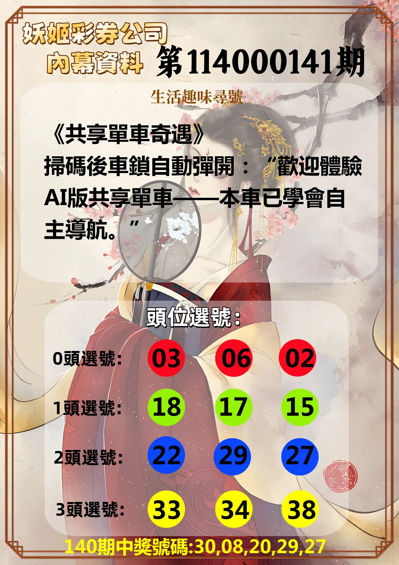 今彩539第114000141期妖姬彩券公司內幕資料