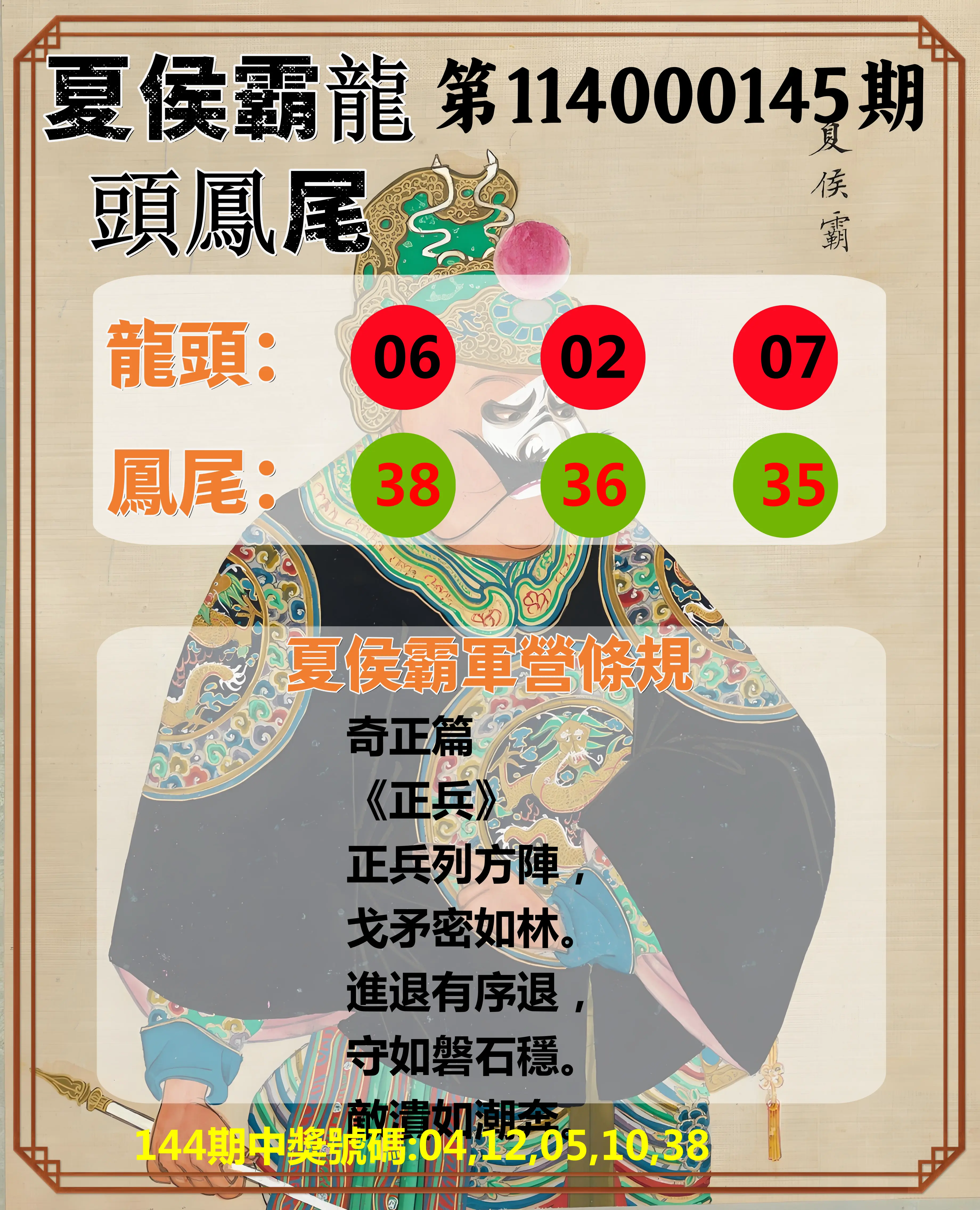 今彩539第114000145期夏侯霸龍頭鳳尾