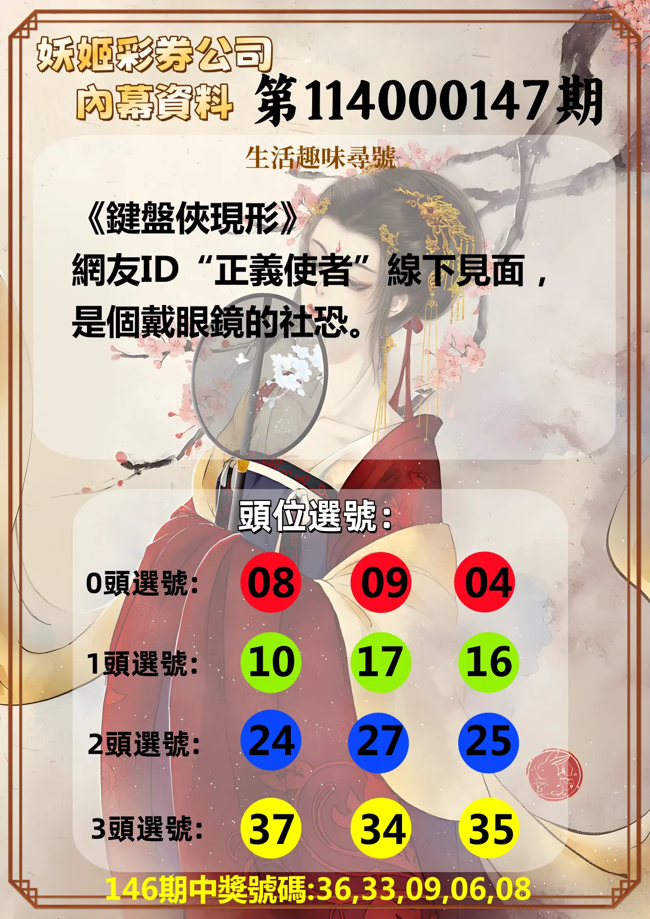 今彩539第114000147期妖姬彩券公司內幕資料
