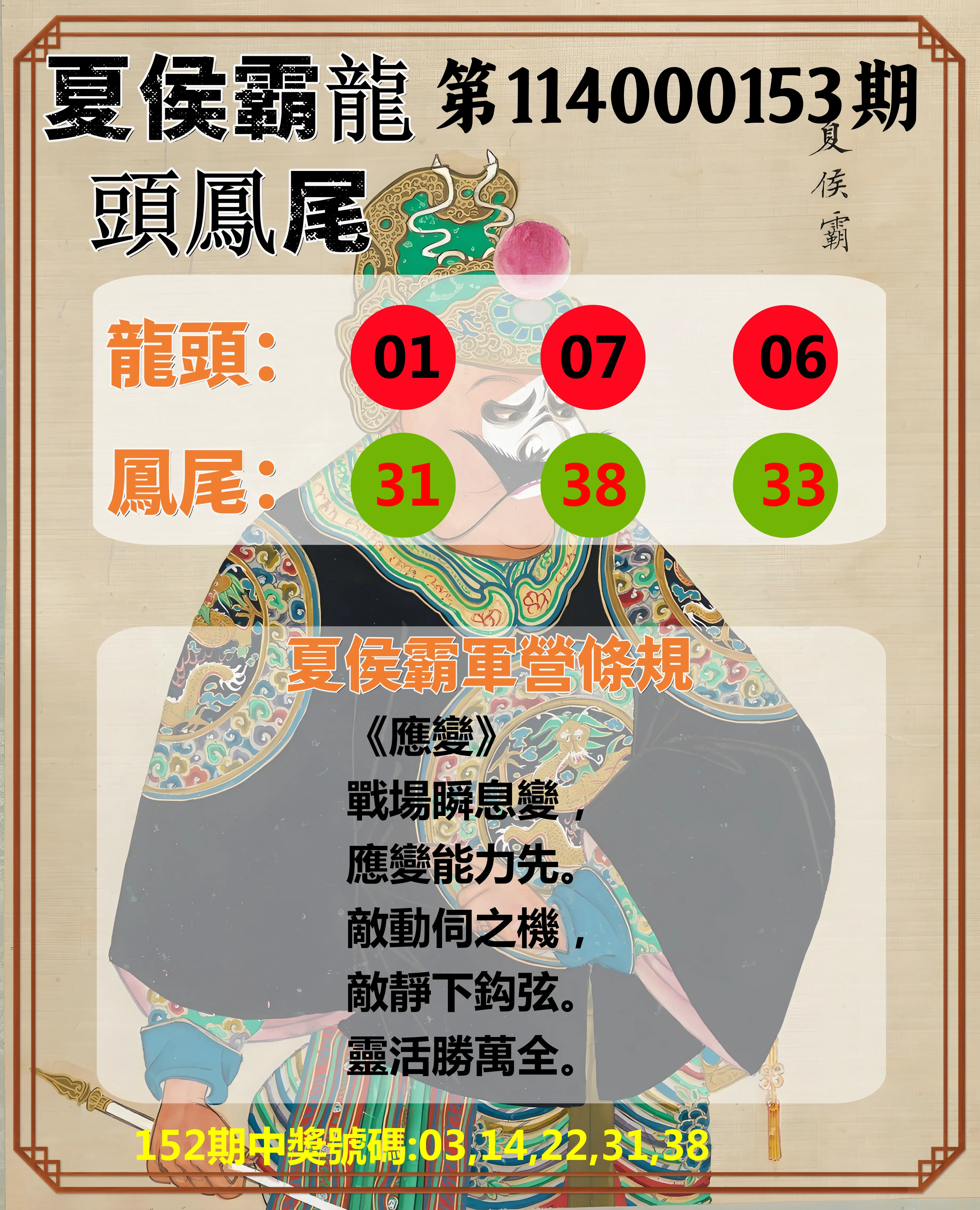 今彩539第114000153期夏侯霸龍頭鳳尾