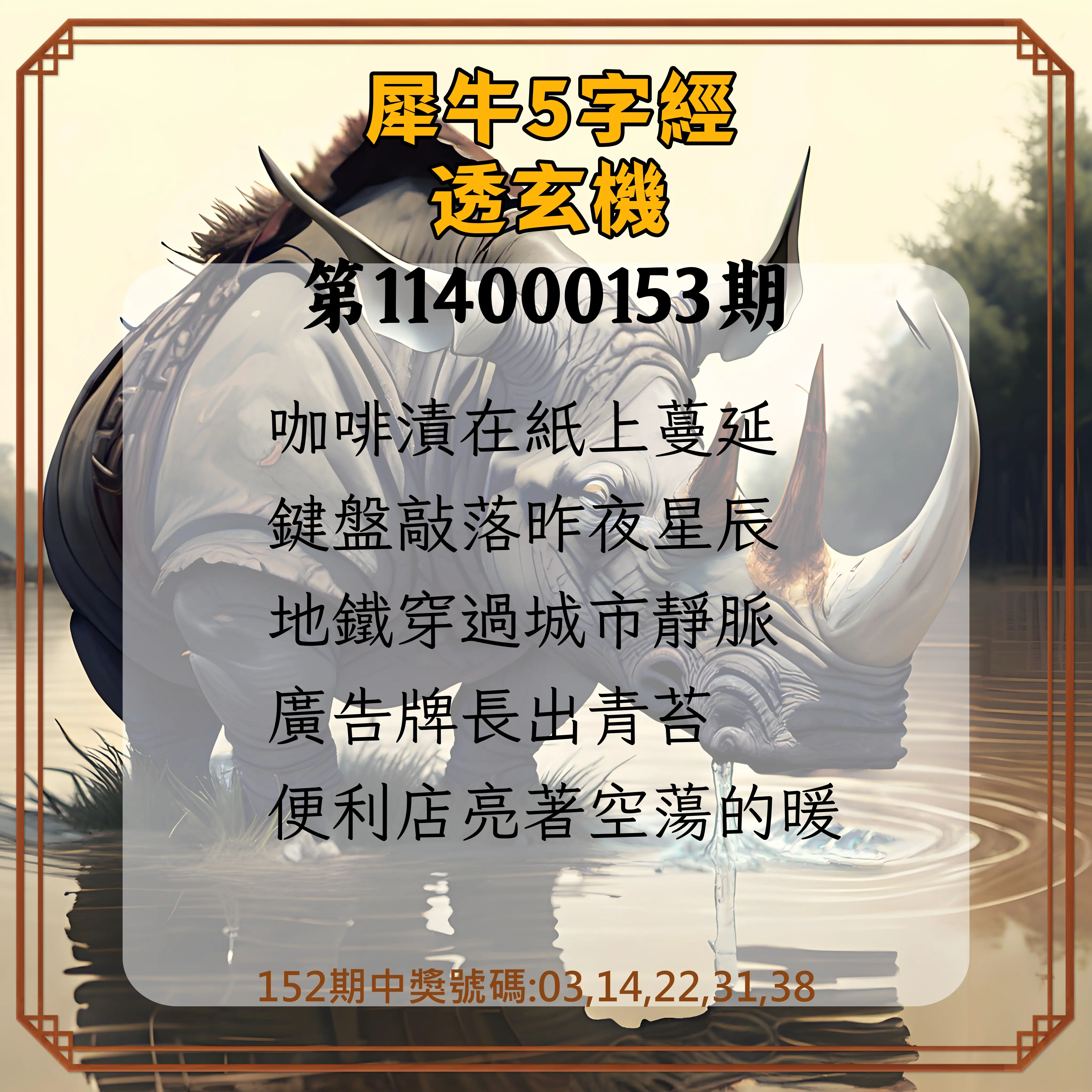 今彩539第114000153期犀牛5字經透玄機