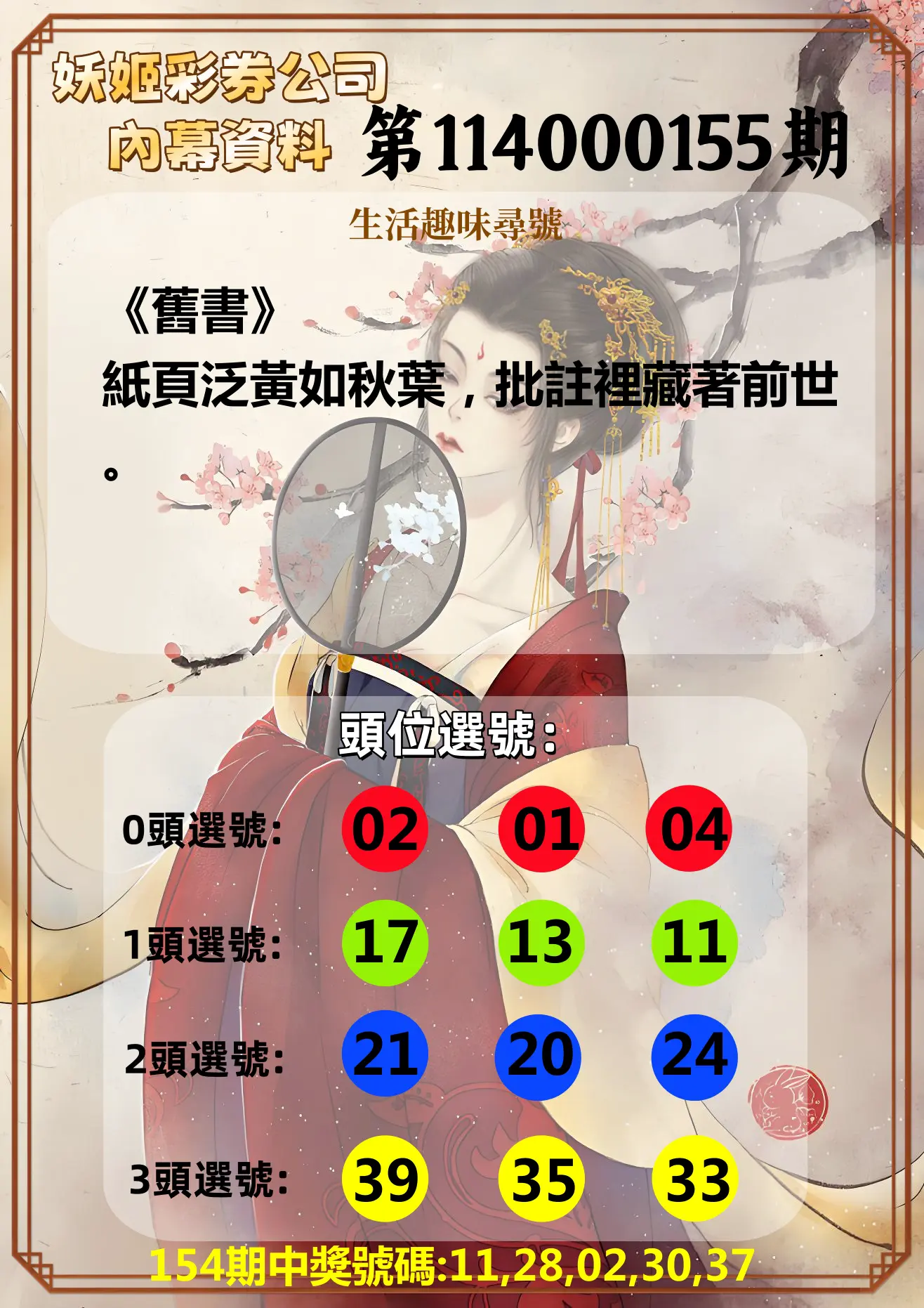 今彩539第114000155期妖姬彩券公司內幕資料