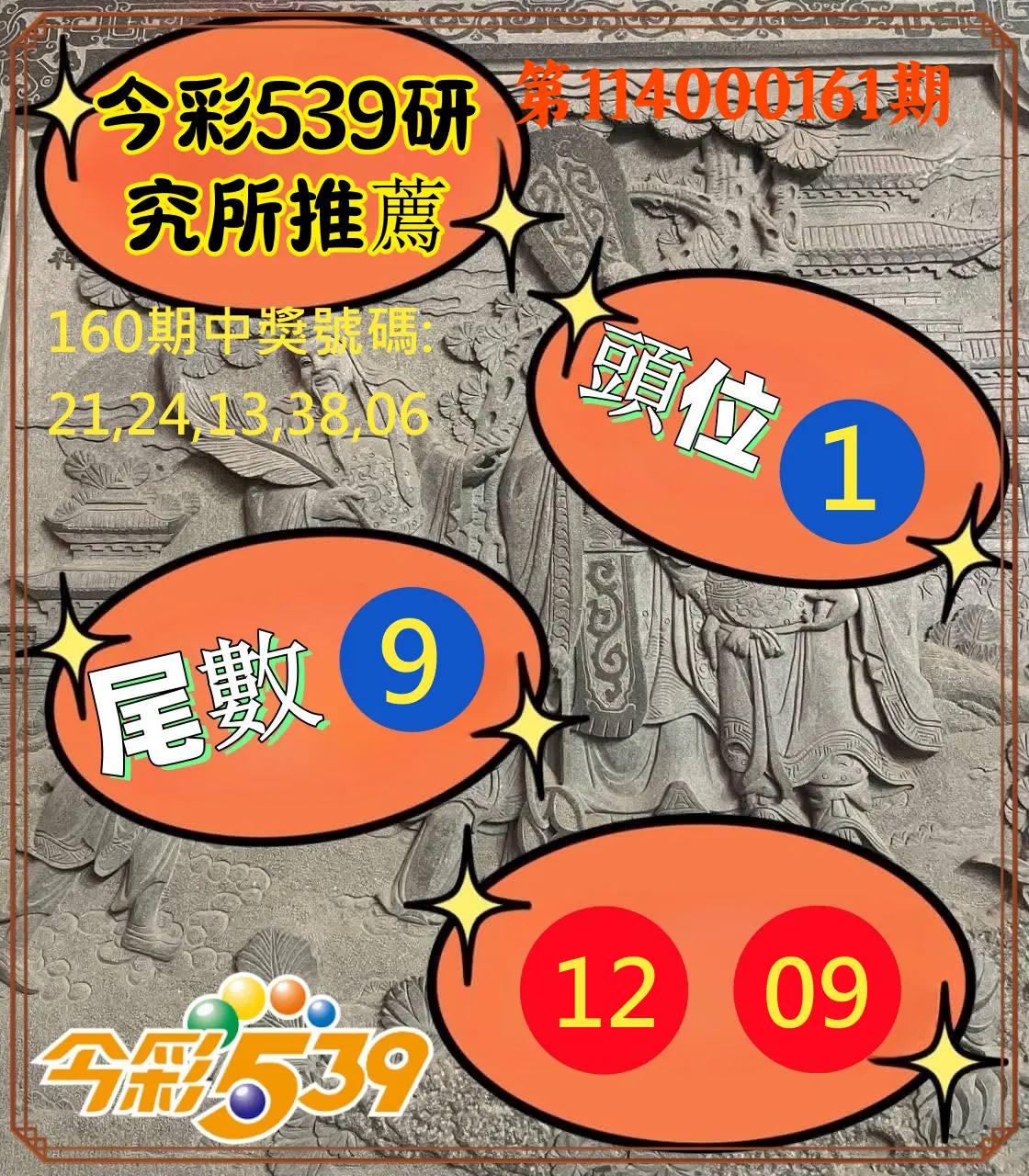 今彩539第114000161期(07/03)今彩539研究所推薦