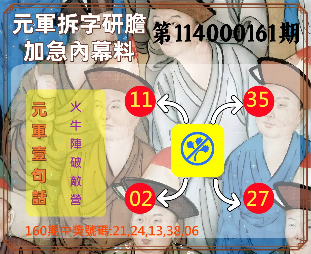 今彩539第114000161期(07/03)元軍拆字研膽加急內幕料