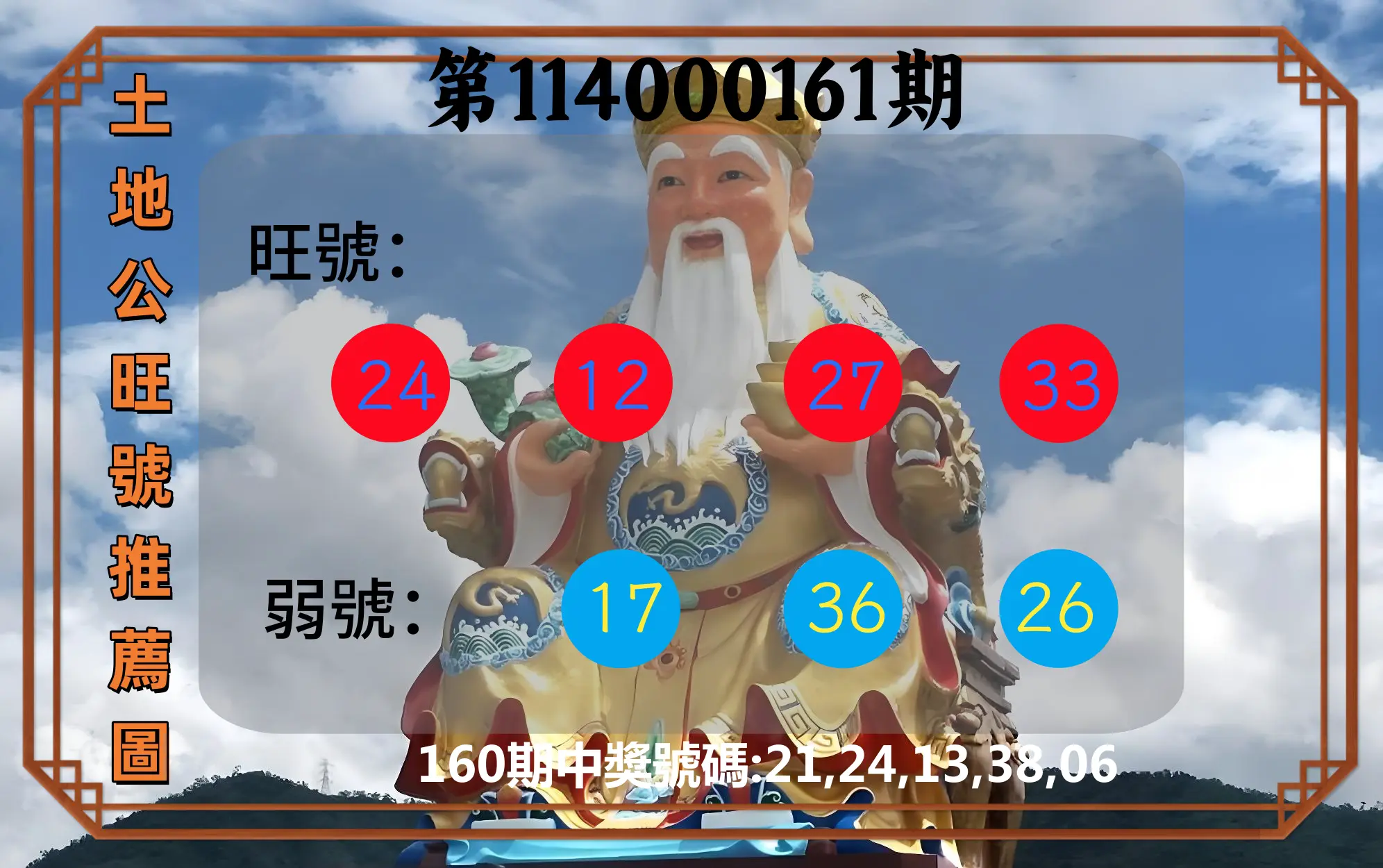 今彩539第114000161期(07/03)土地公旺號推薦圖