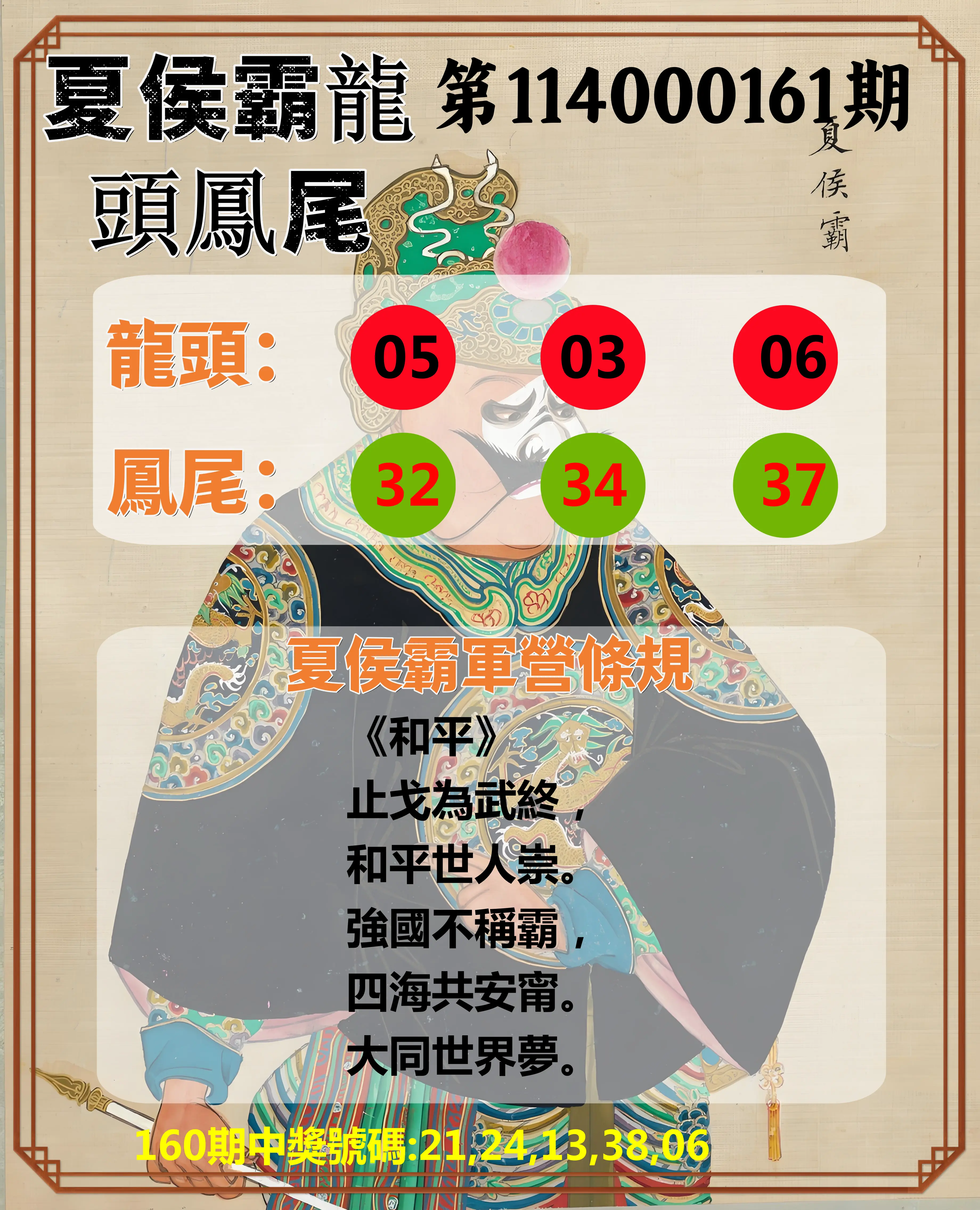今彩539第114000161期(07/03)夏侯霸龍頭鳳尾