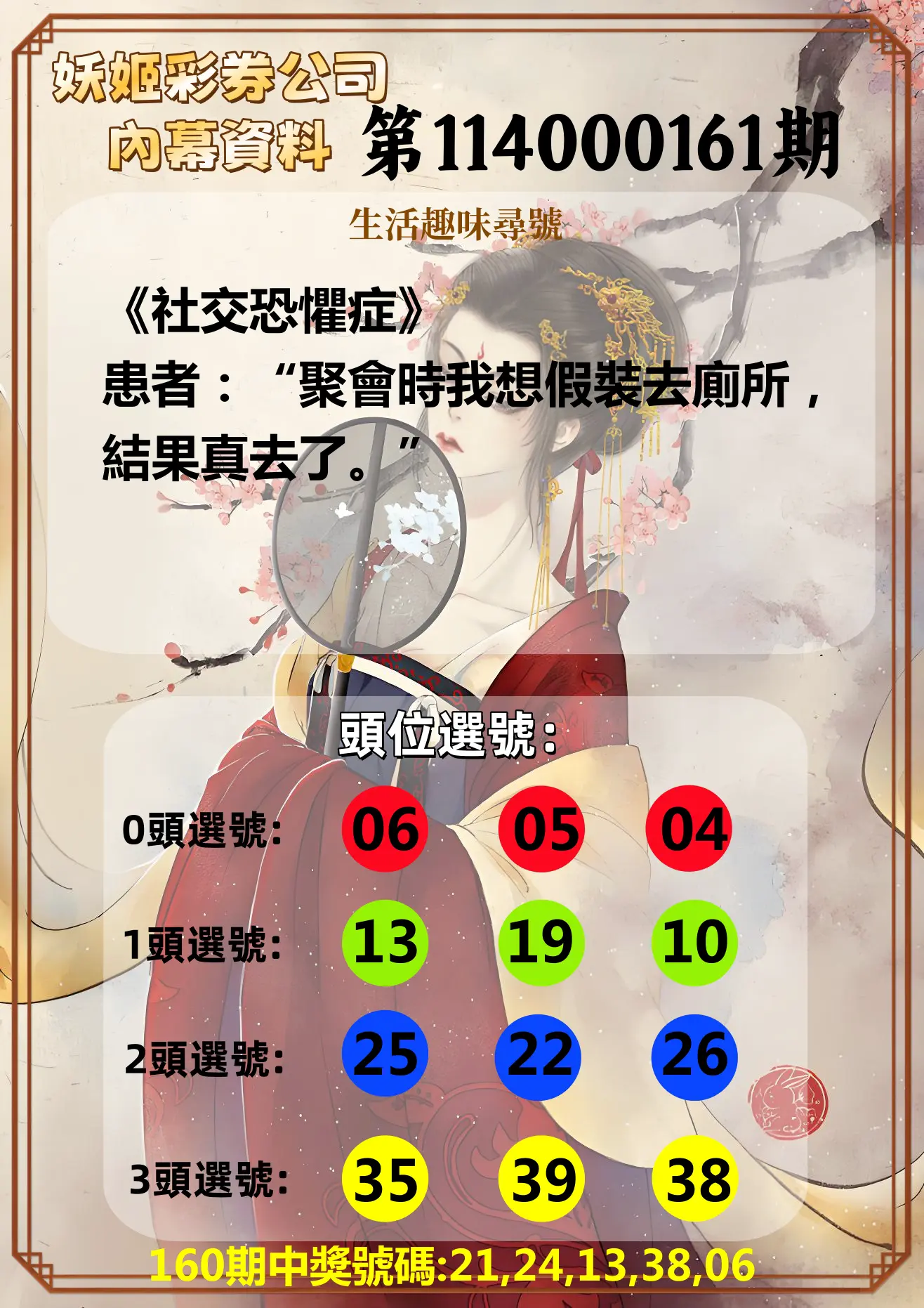 今彩539第114000161期(07/03)妖姬彩券公司內幕資料