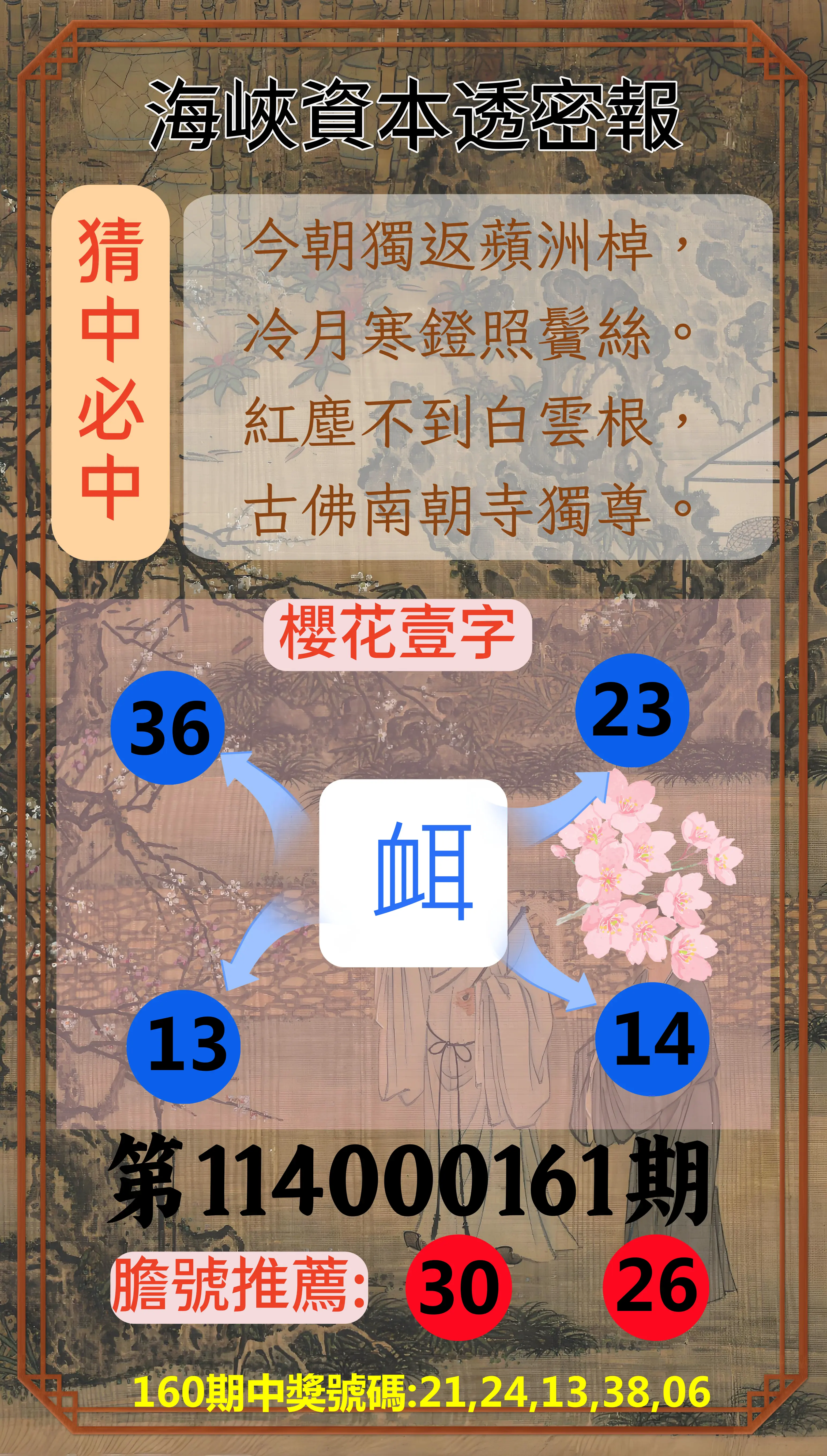 今彩539第114000161期(07/03)海峽資本透密報