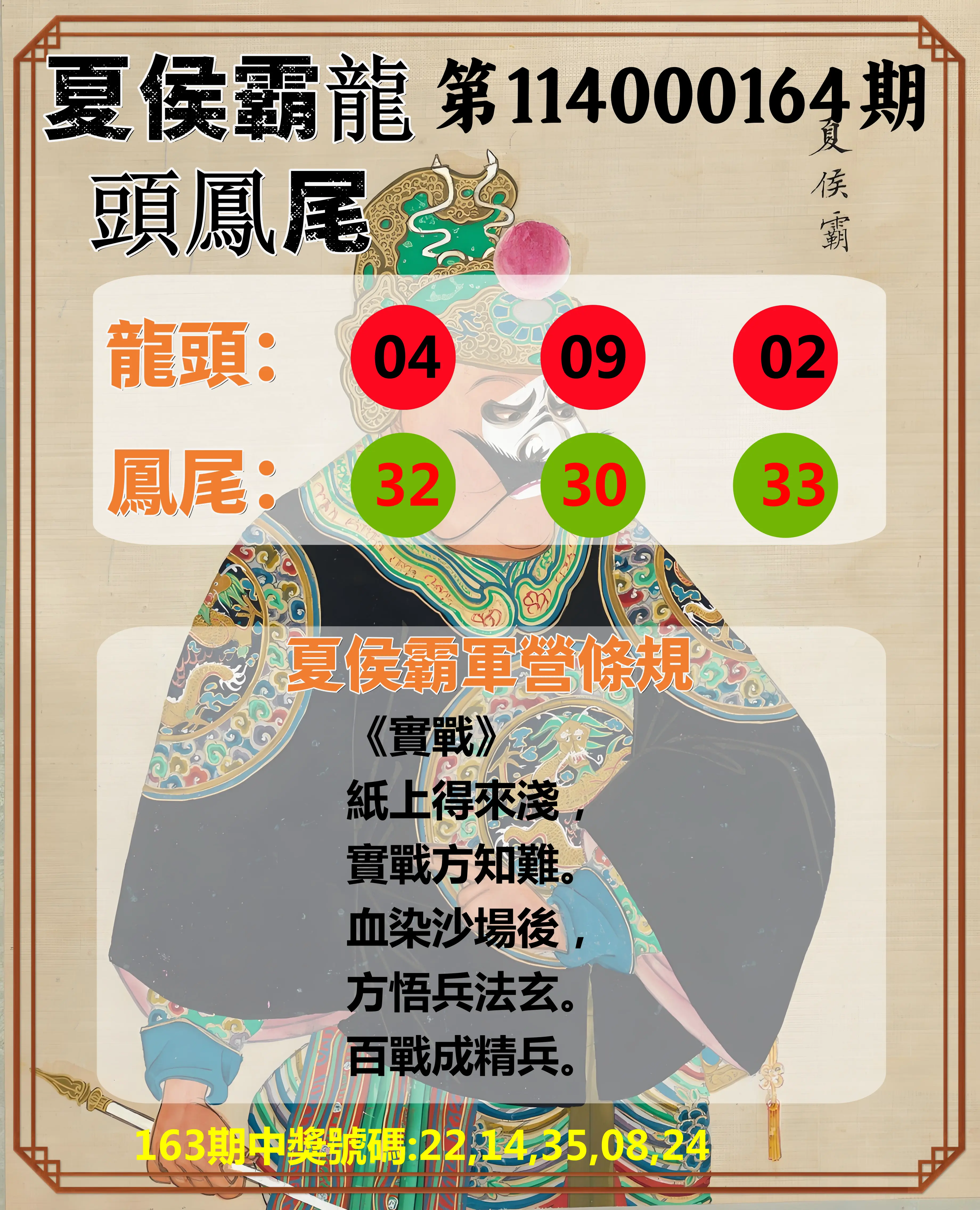 今彩539第114000164期(07/08)夏侯霸龍頭鳳尾
