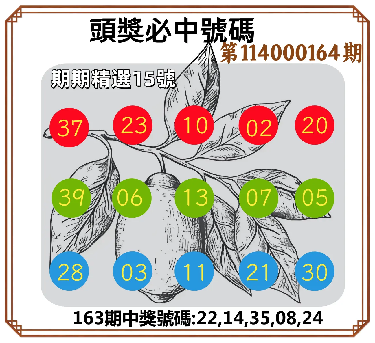 今彩539第114000164期(07/08)頭獎號碼