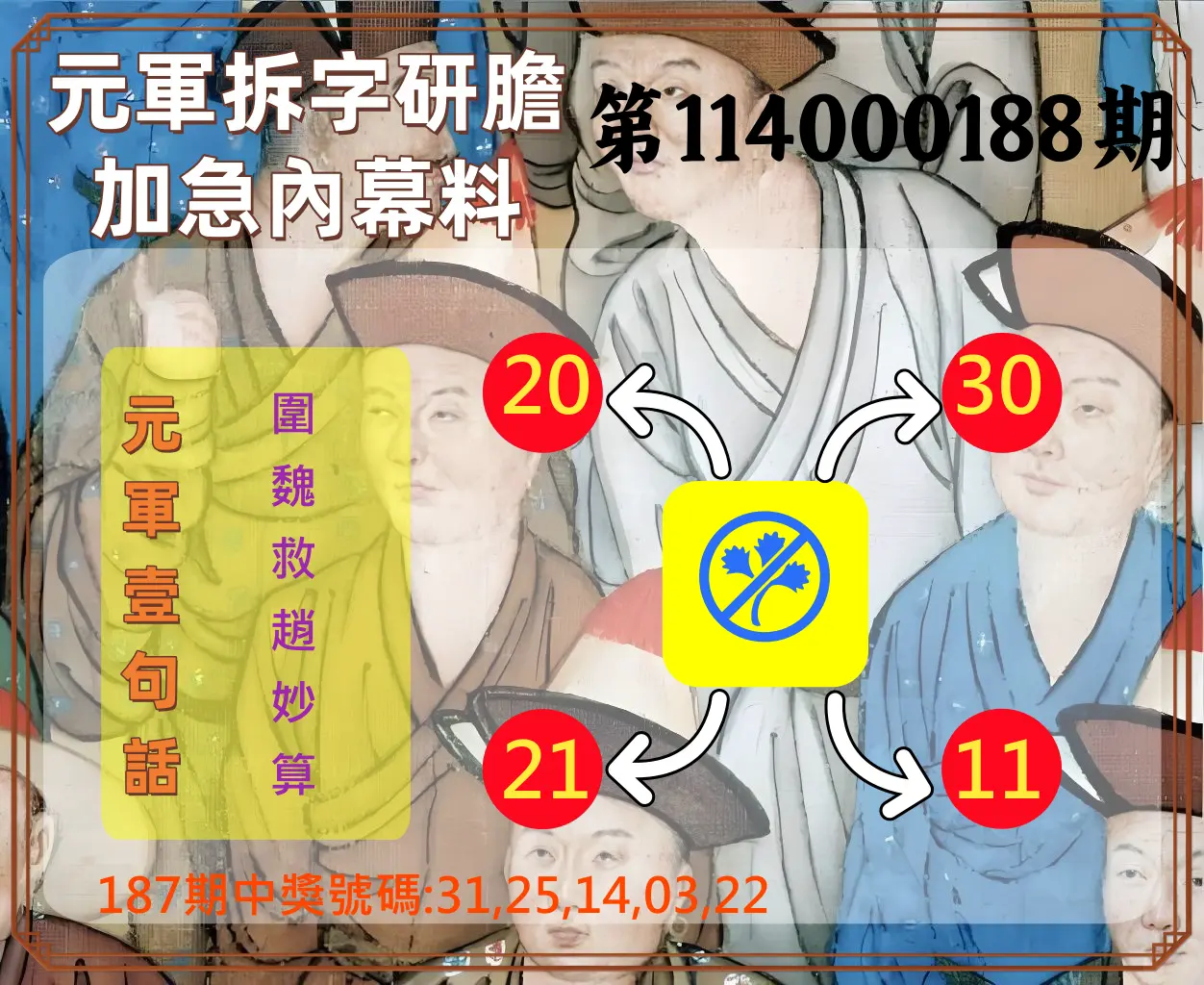 今彩539第114000188期(08/04)元軍拆字研膽加急內幕料