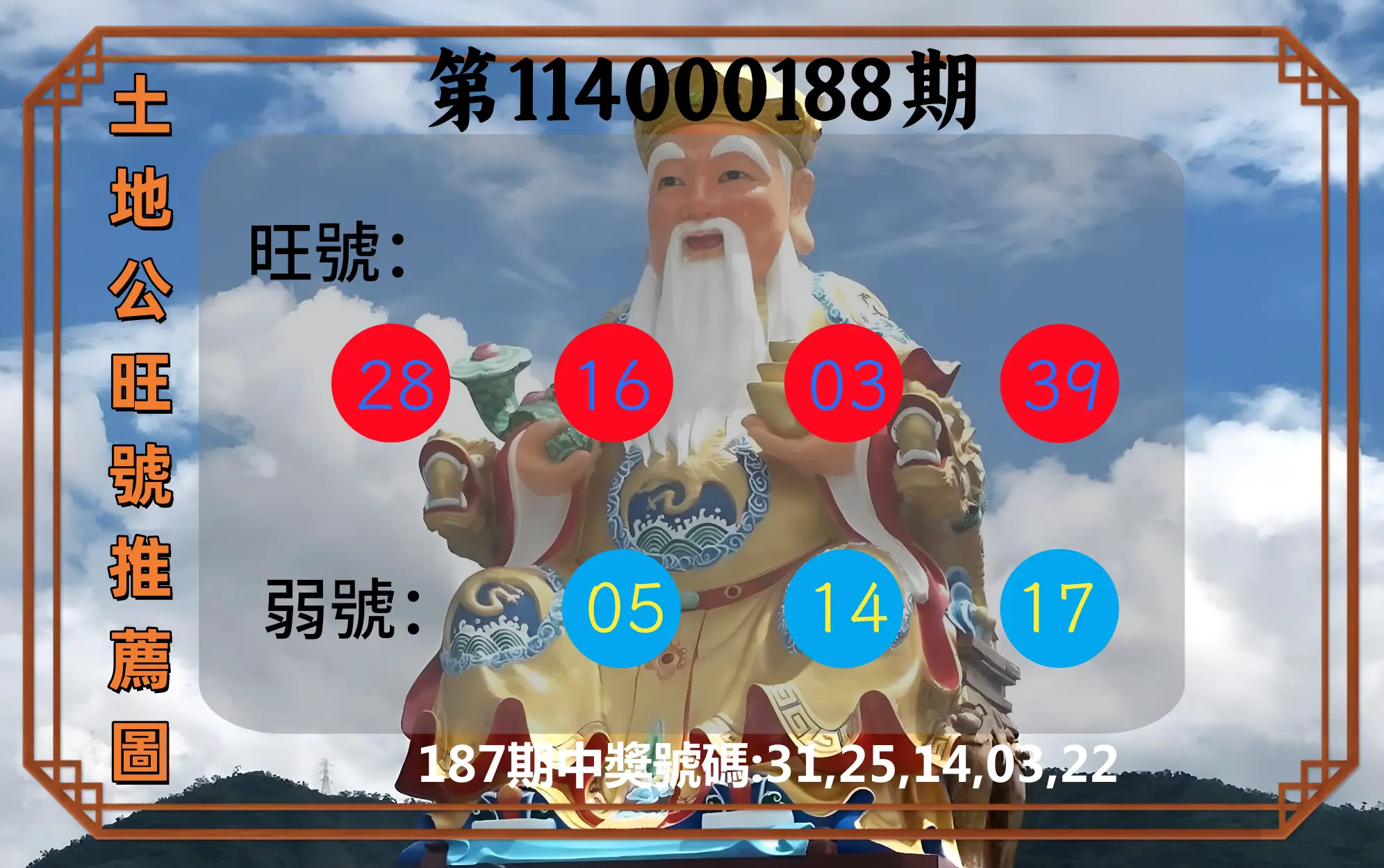 今彩539第114000188期(08/04)土地公旺號推薦圖