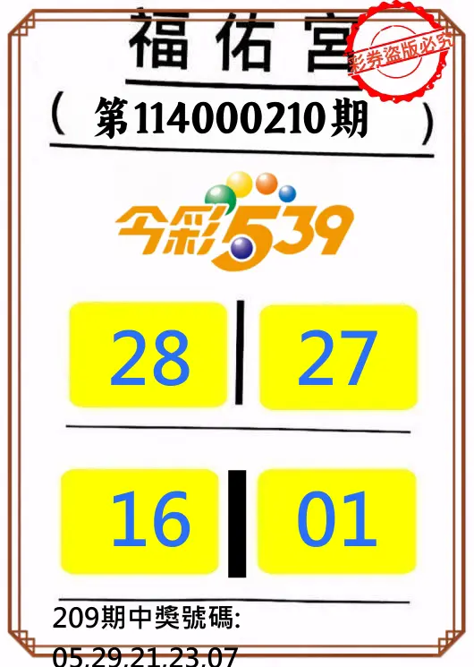今彩539第114000210期(08/29)正版今彩539福佑宮牌號