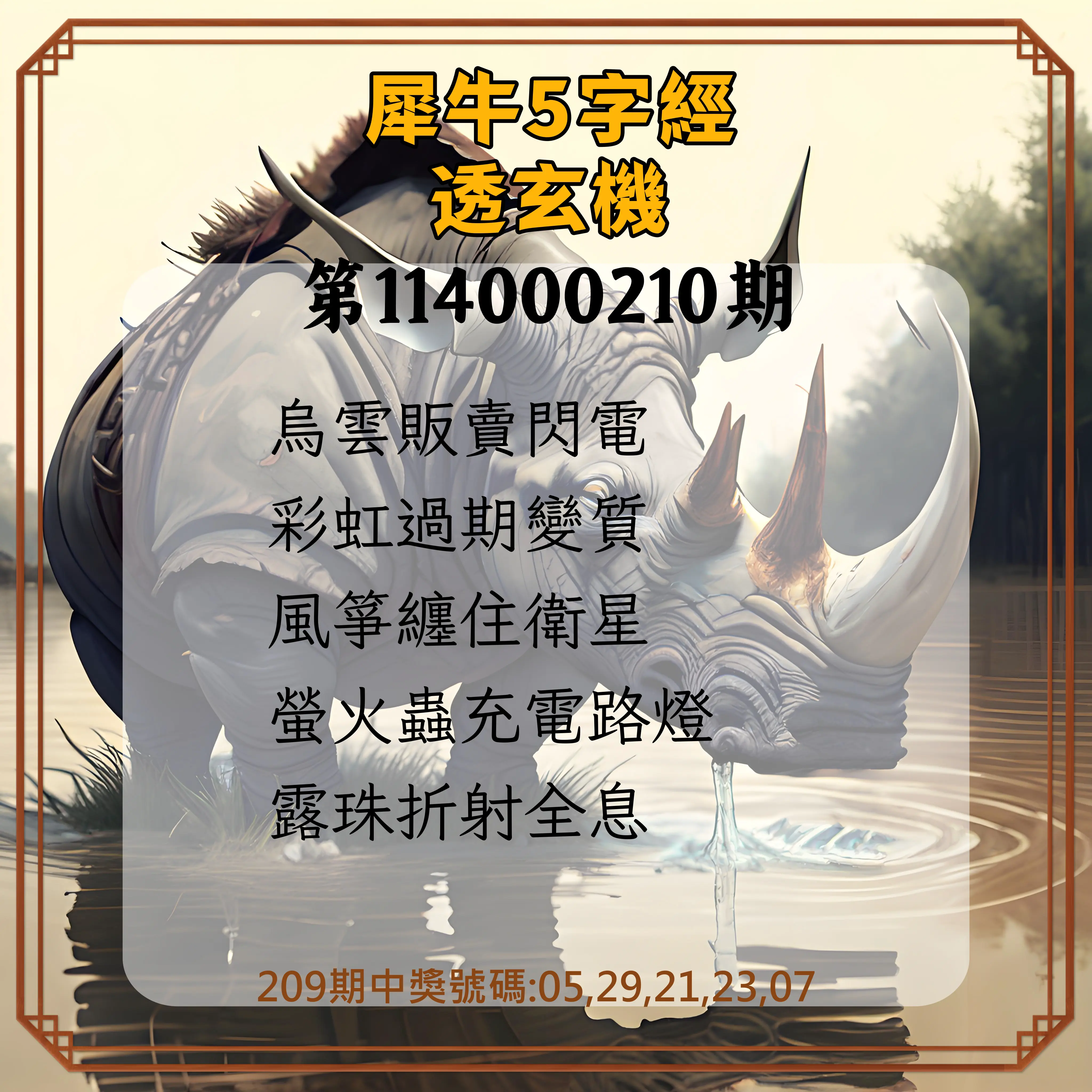 今彩539第114000210期(08/29)犀牛5字經透玄機