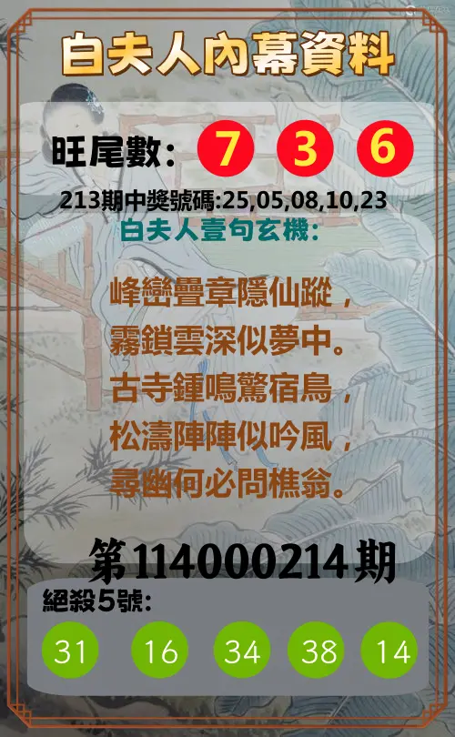 今彩539第114000214期(09/03)白夫人內幕資料
