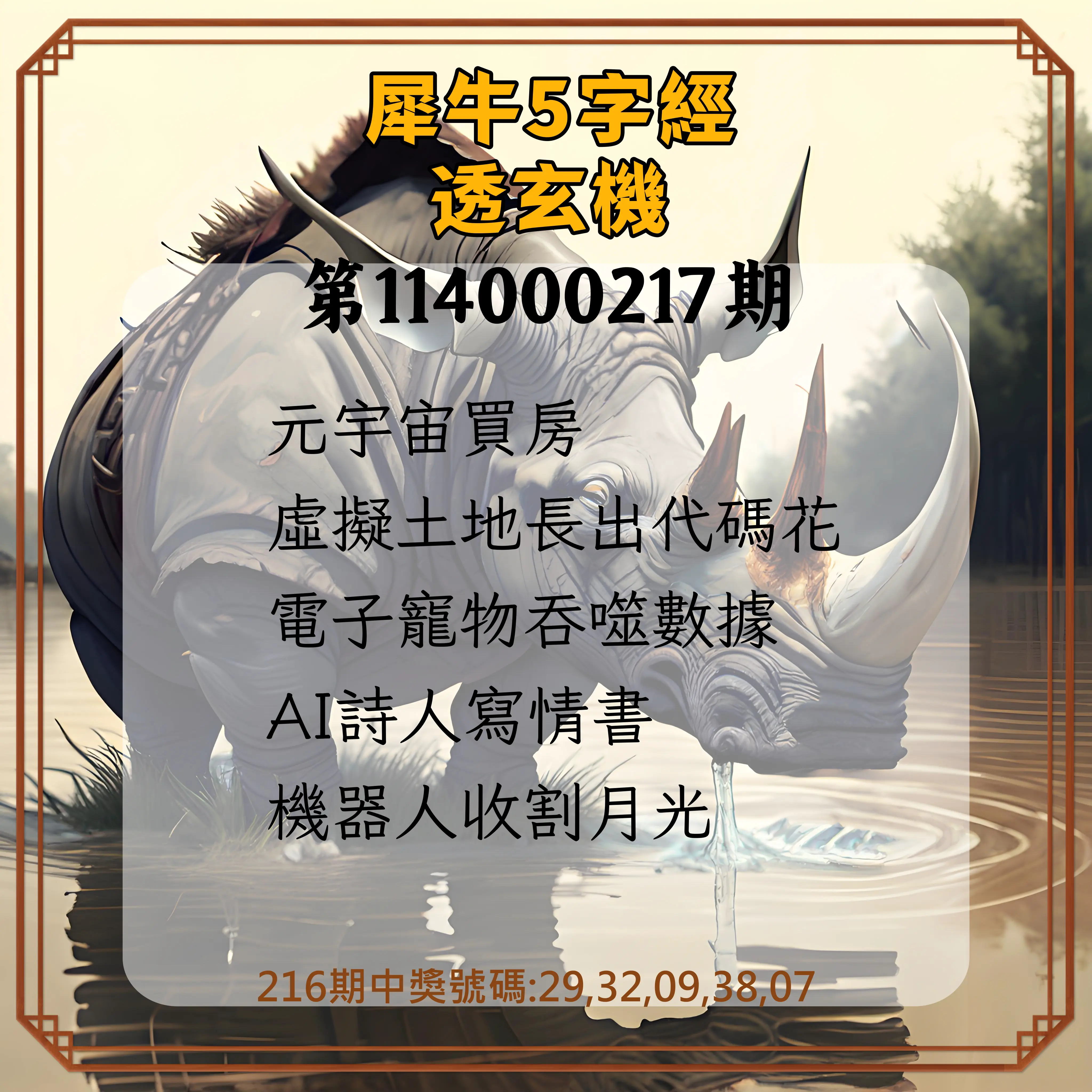 今彩539第114000217期(09/06)犀牛5字經透玄機