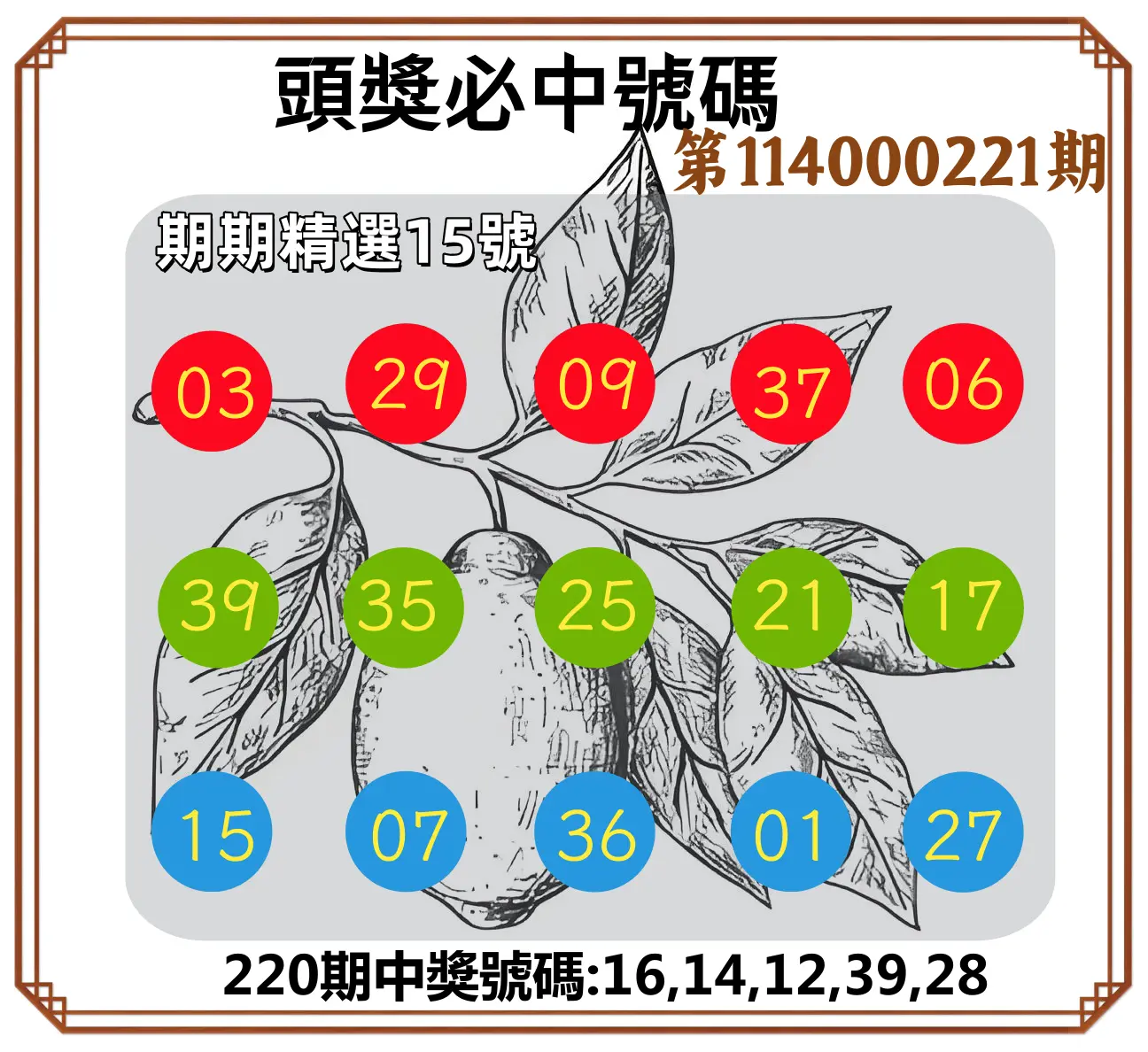 今彩539第114000221期(09/11)頭獎號碼