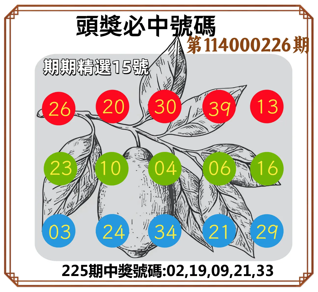 今彩539第114000226期(09/17)頭獎號碼