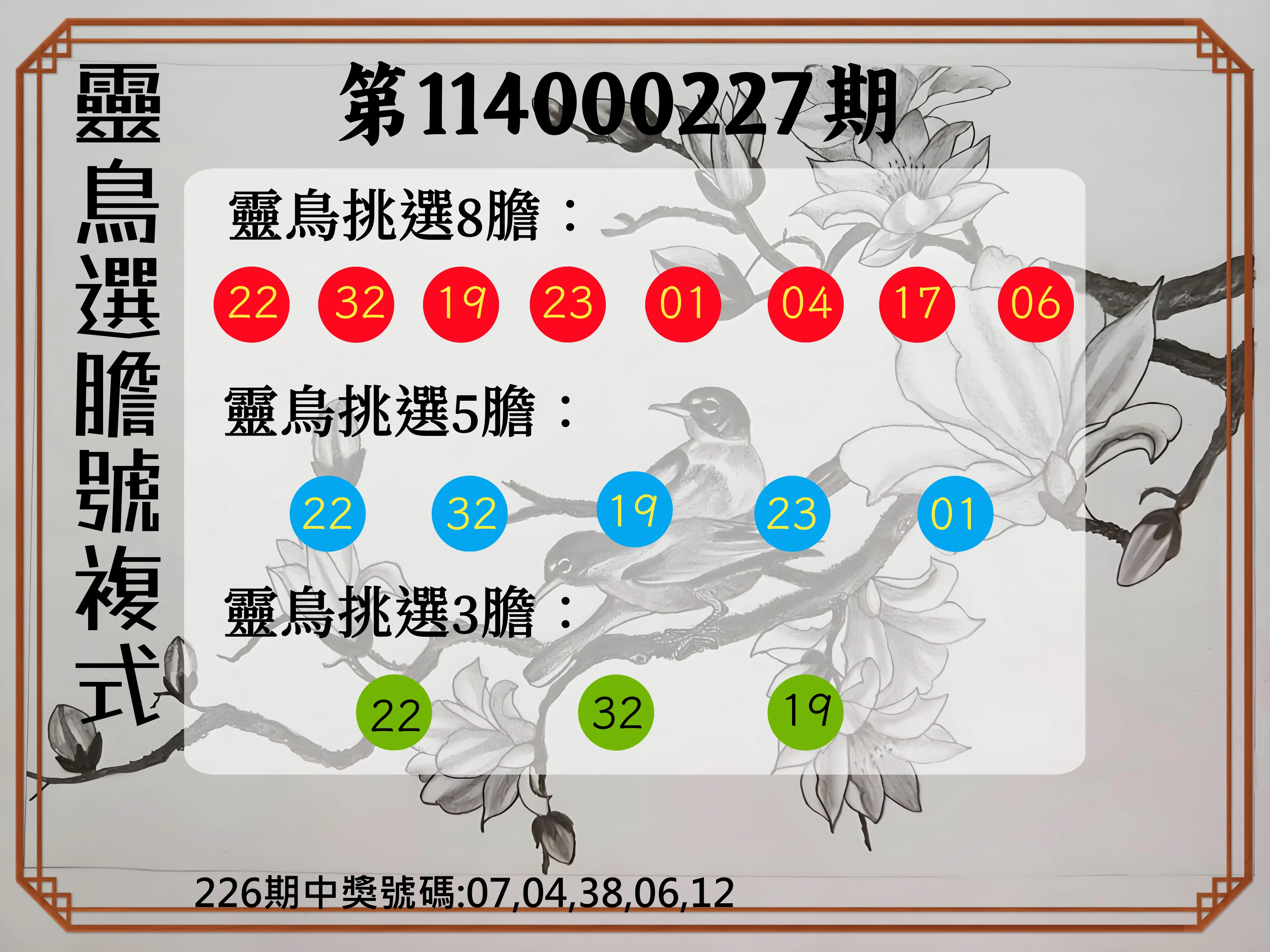 今彩539第114000227期(09/18)靈鳥選膽號複式