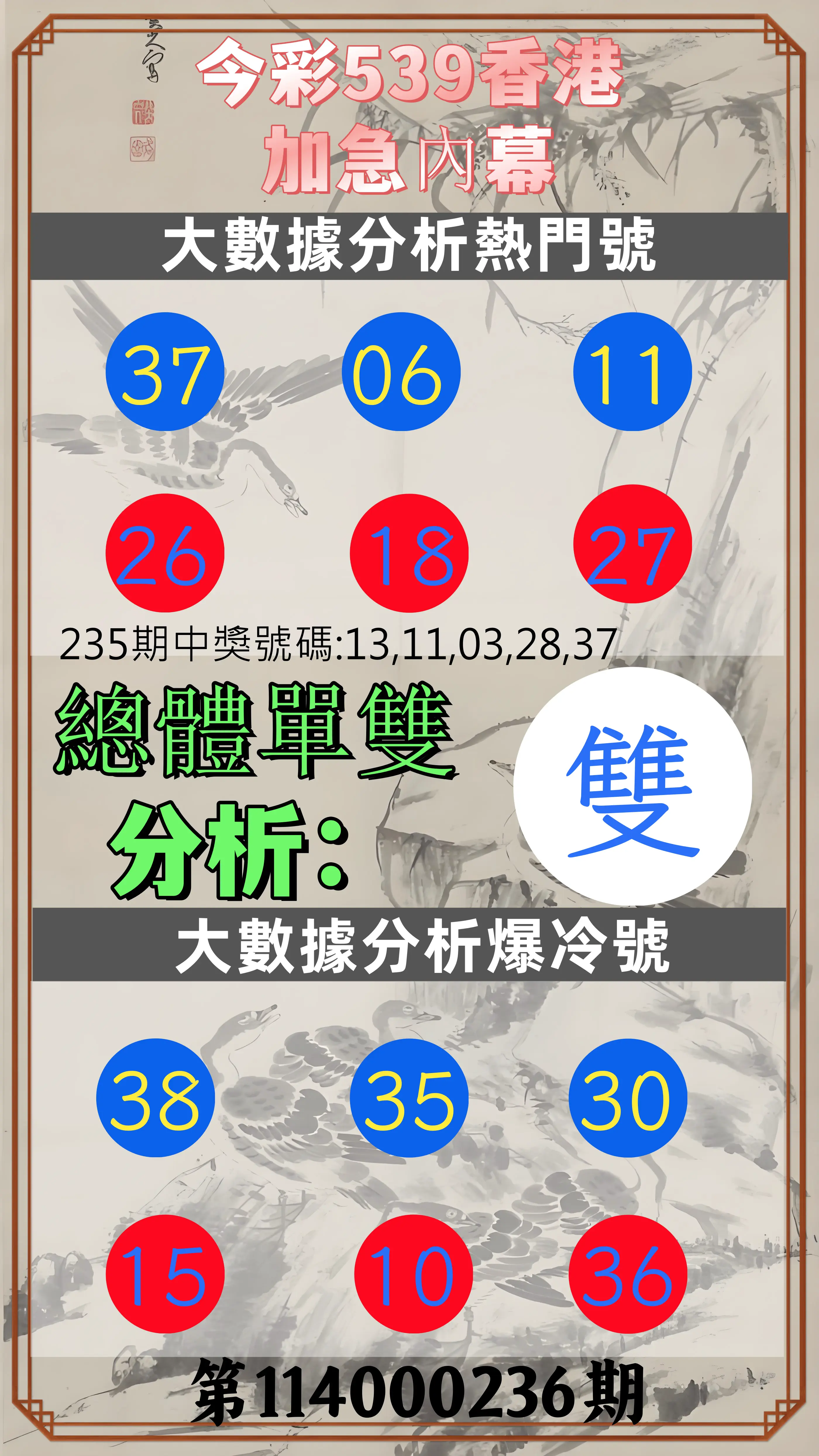 今彩539第114000236期(09/29)今彩539香港加急內幕