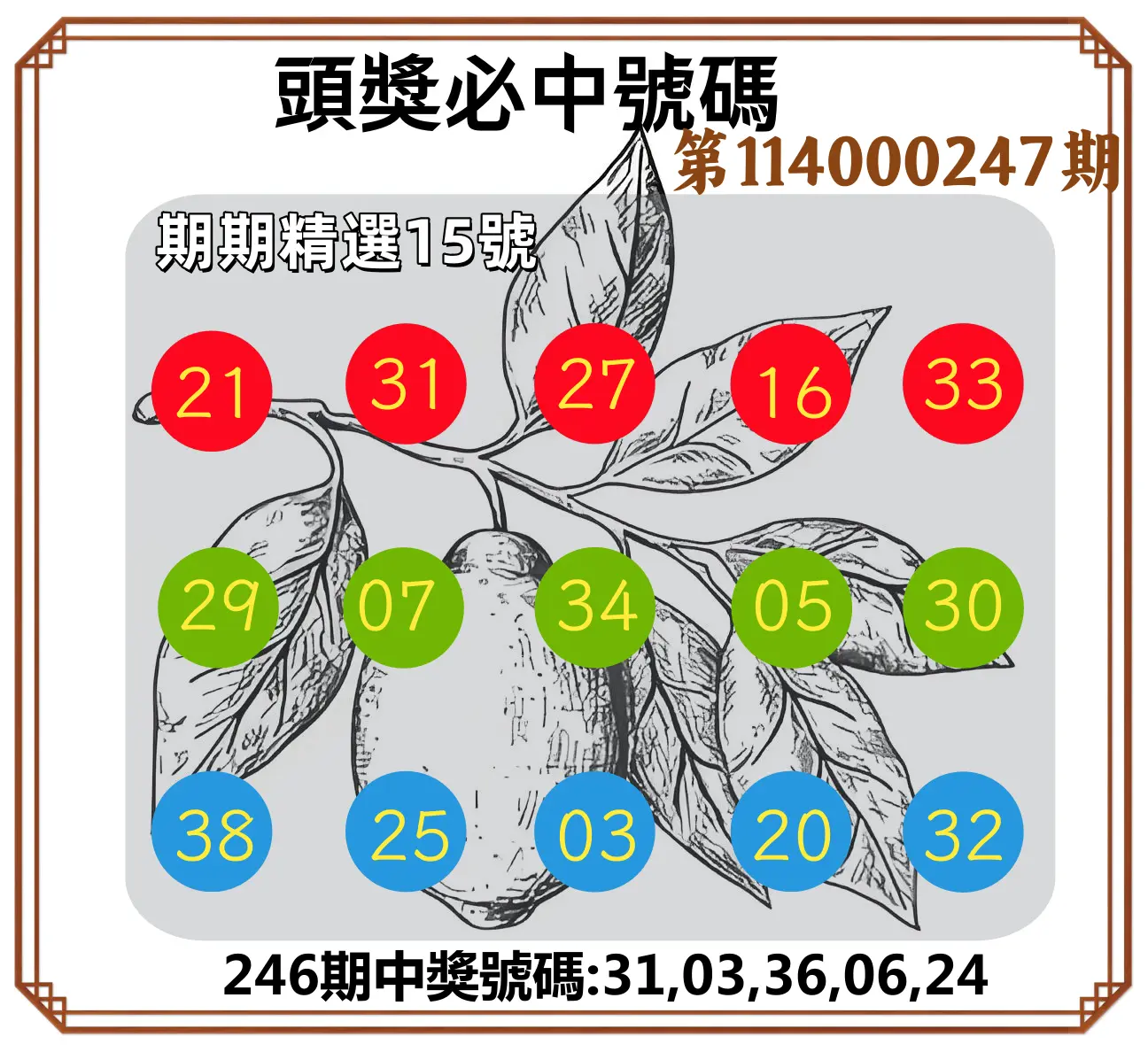今彩539第114000247期(10/11)頭獎號碼