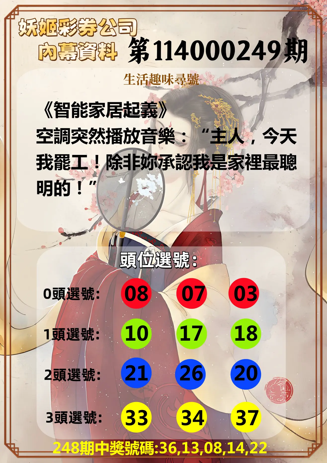 今彩539第114000249期(10/14)妖姬彩券公司內幕資料