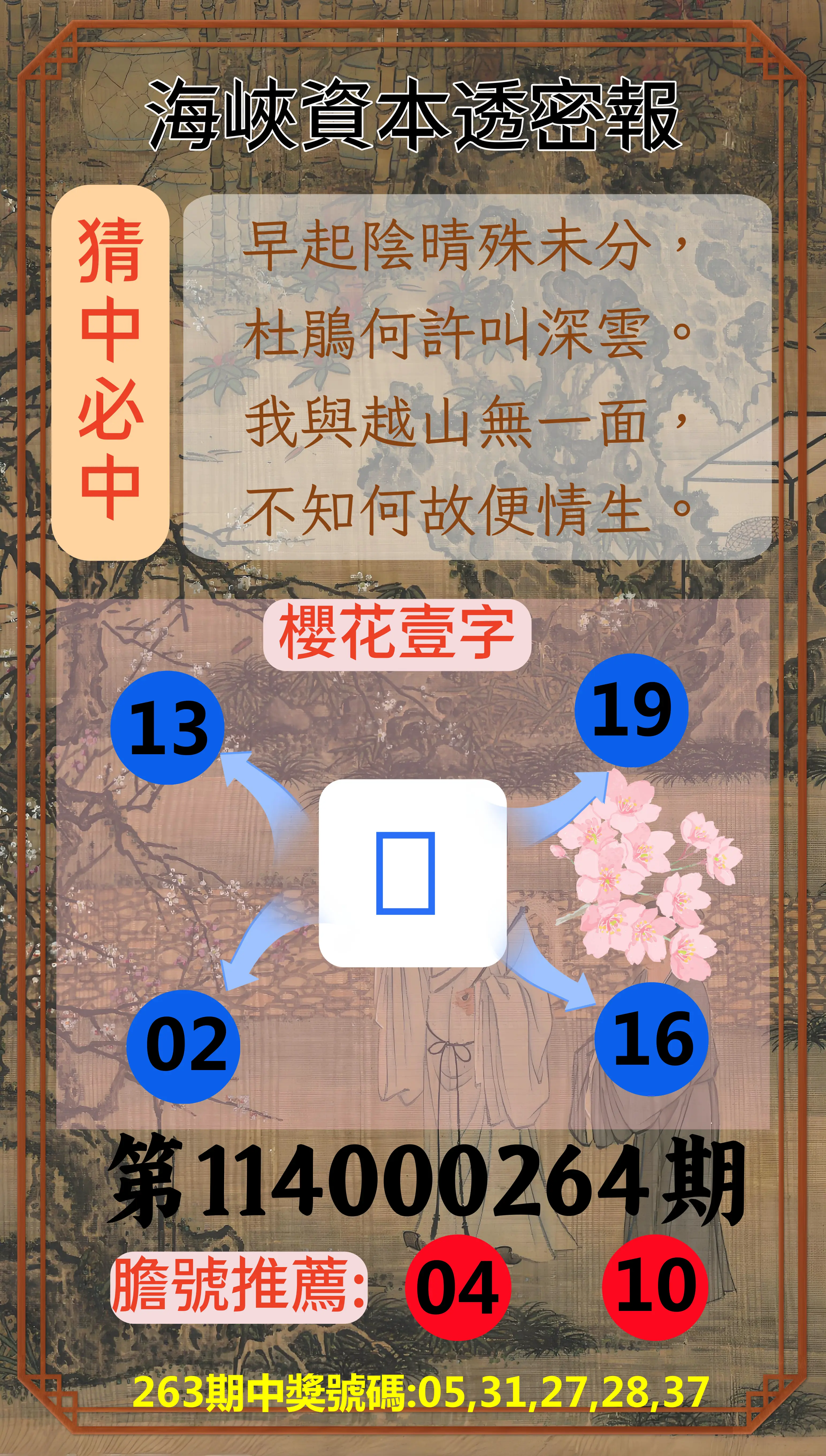 今彩539第114000264期(10/31)海峽資本透密報