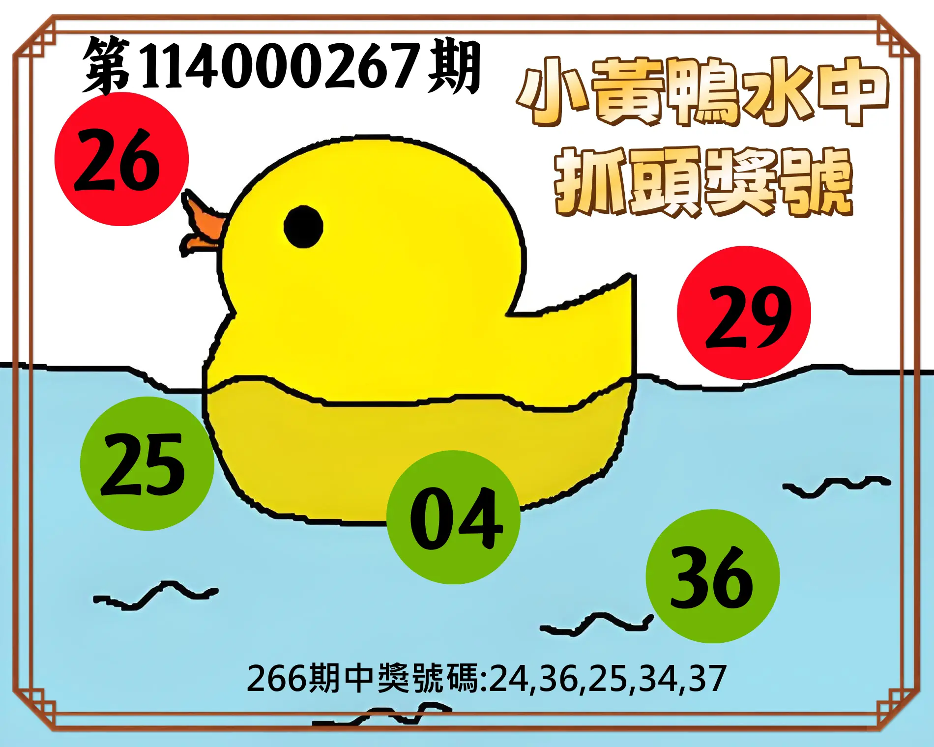 今彩539第114000267期(11/04)小黃鴨水中抓頭獎號