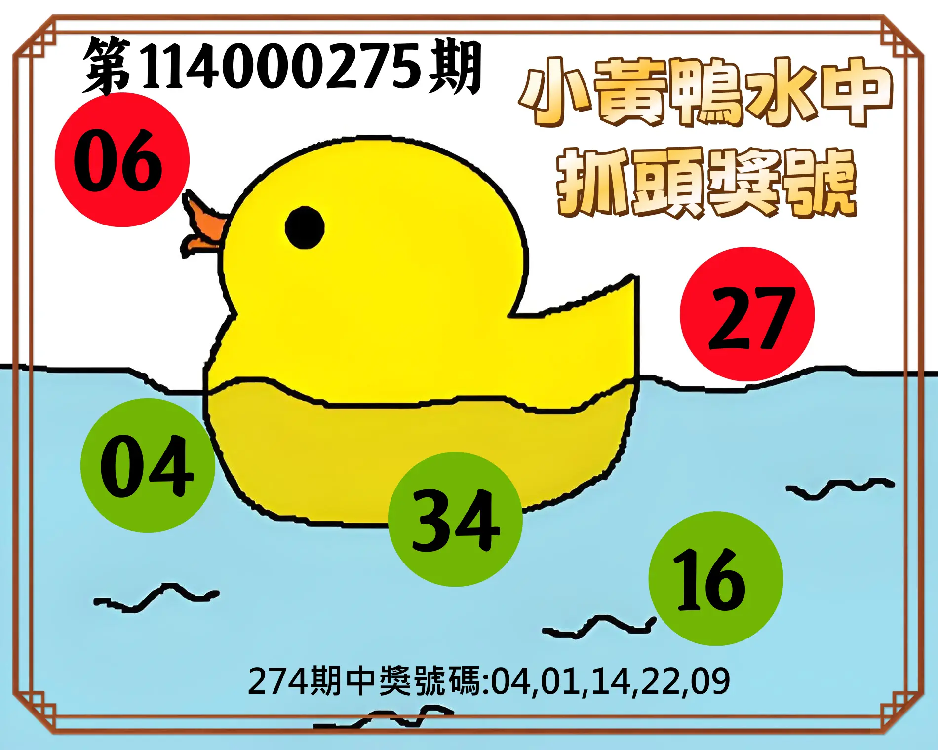 今彩539第114000275期(11/13)小黃鴨水中抓頭獎號