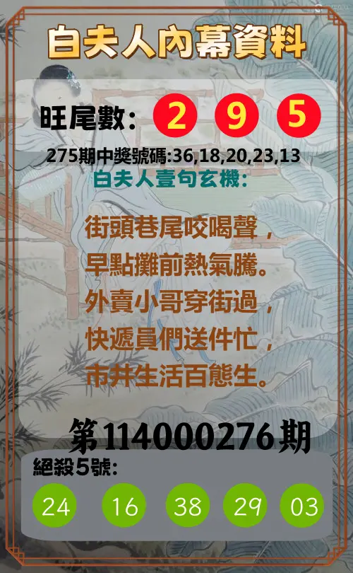 今彩539第114000276期(11/14)白夫人內幕資料