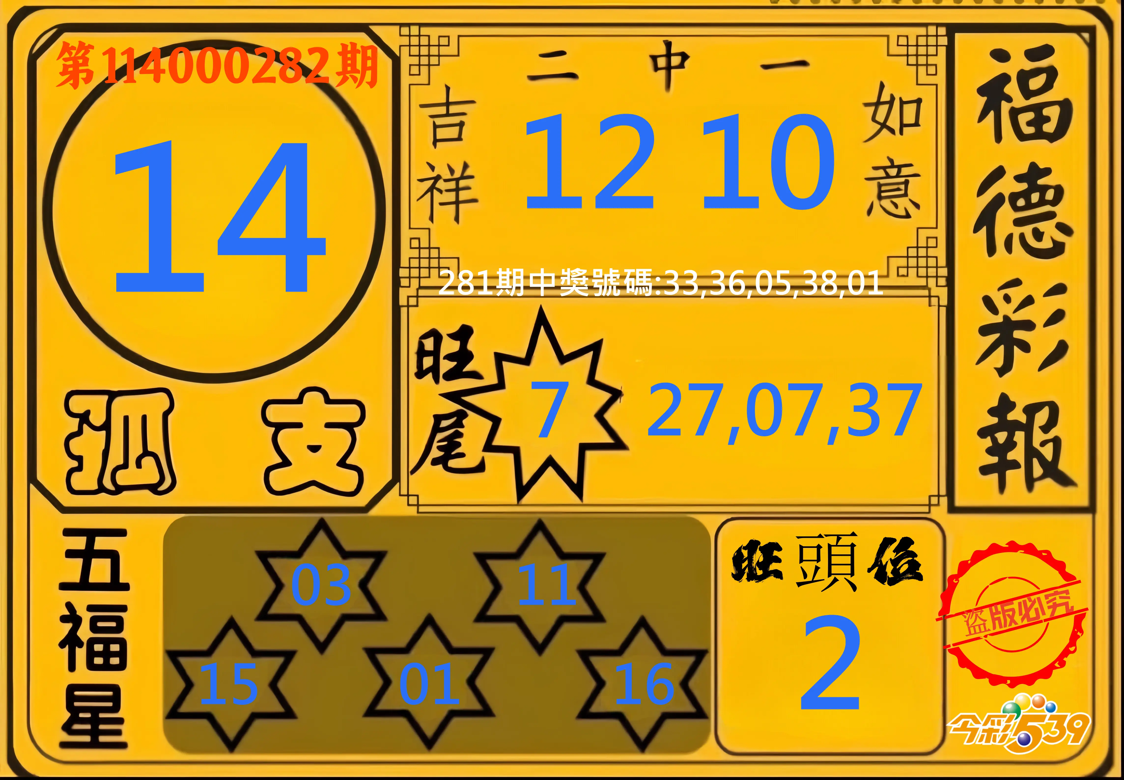 今彩539第114000282期(11/21)今彩539德福彩報牌預測