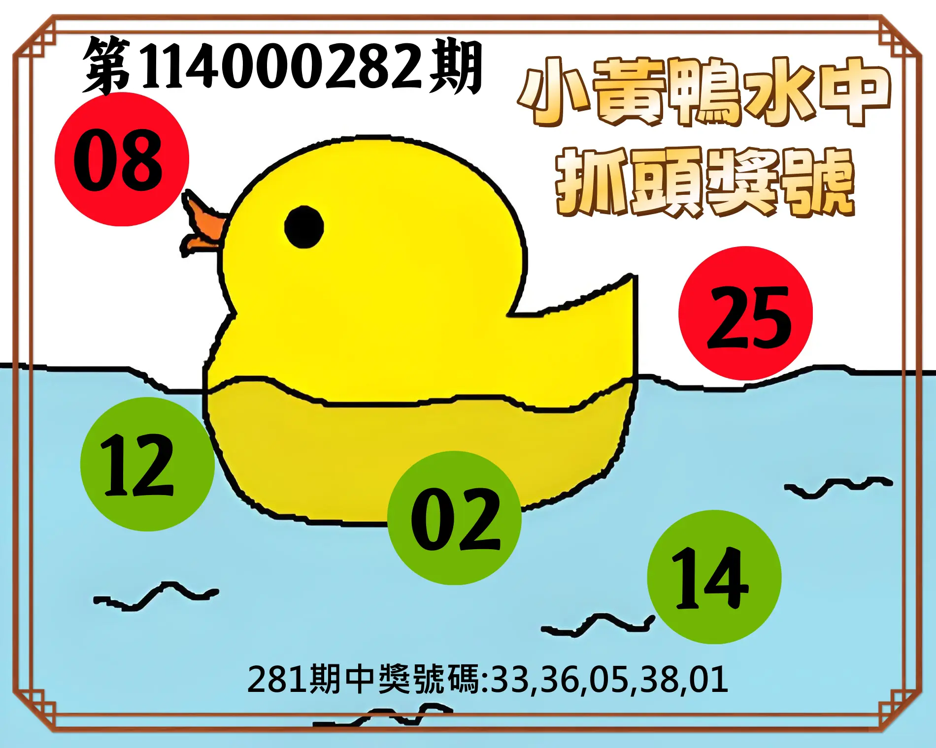今彩539第114000282期(11/21)小黃鴨水中抓頭獎號