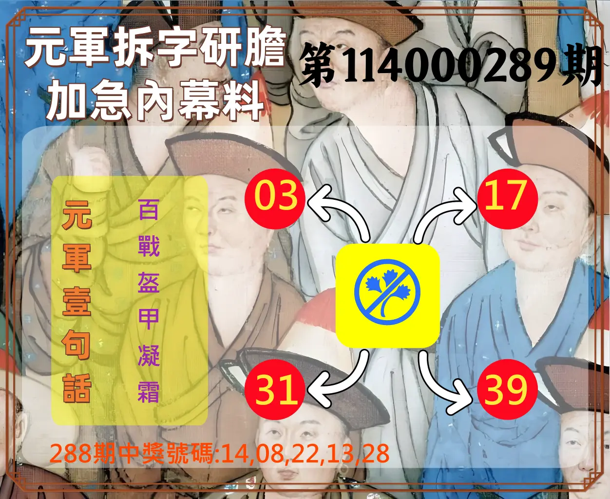 今彩539第114000289期(11/29)元軍拆字研膽加急內幕料
