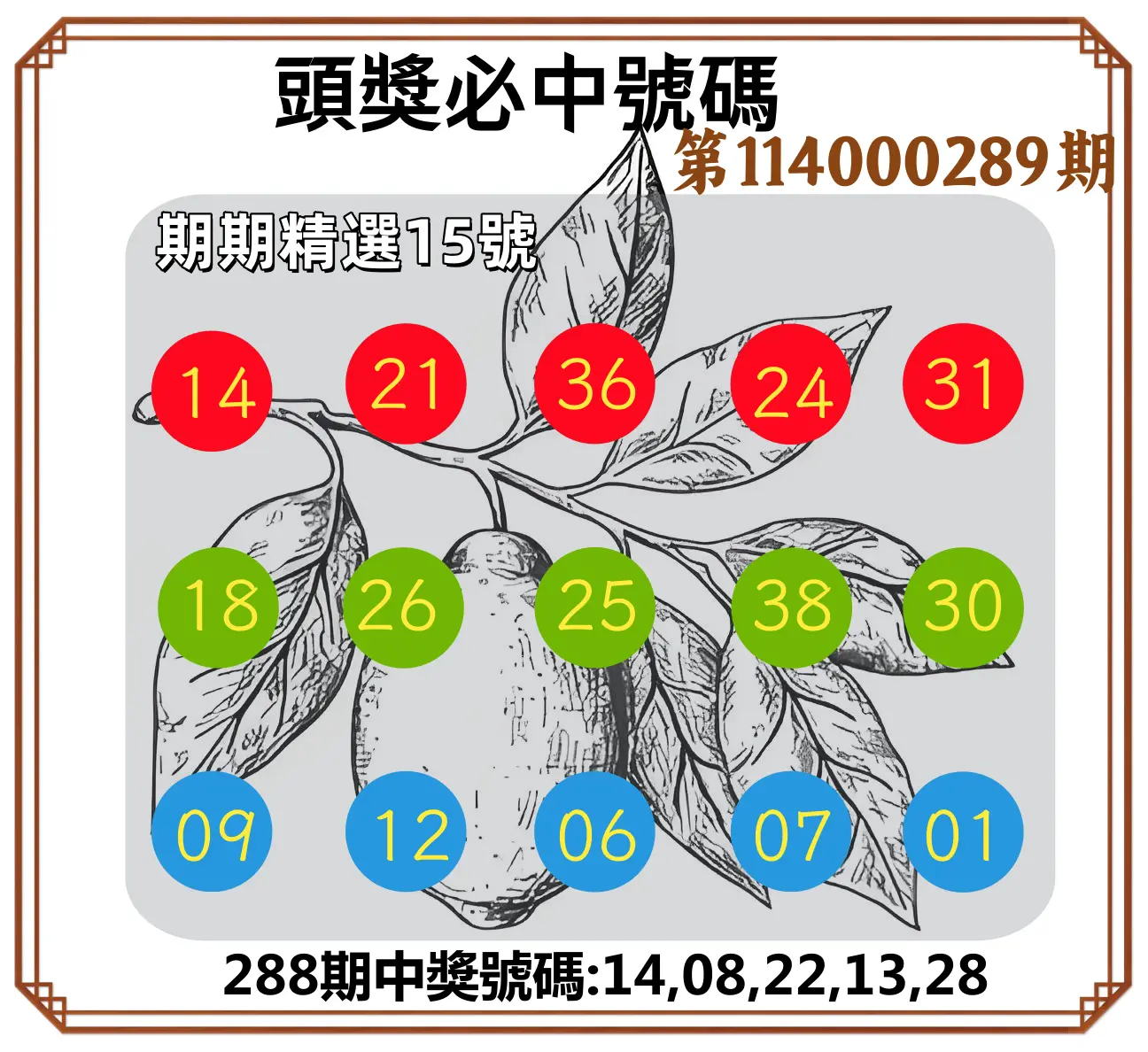 今彩539第114000289期(11/29)頭獎號碼