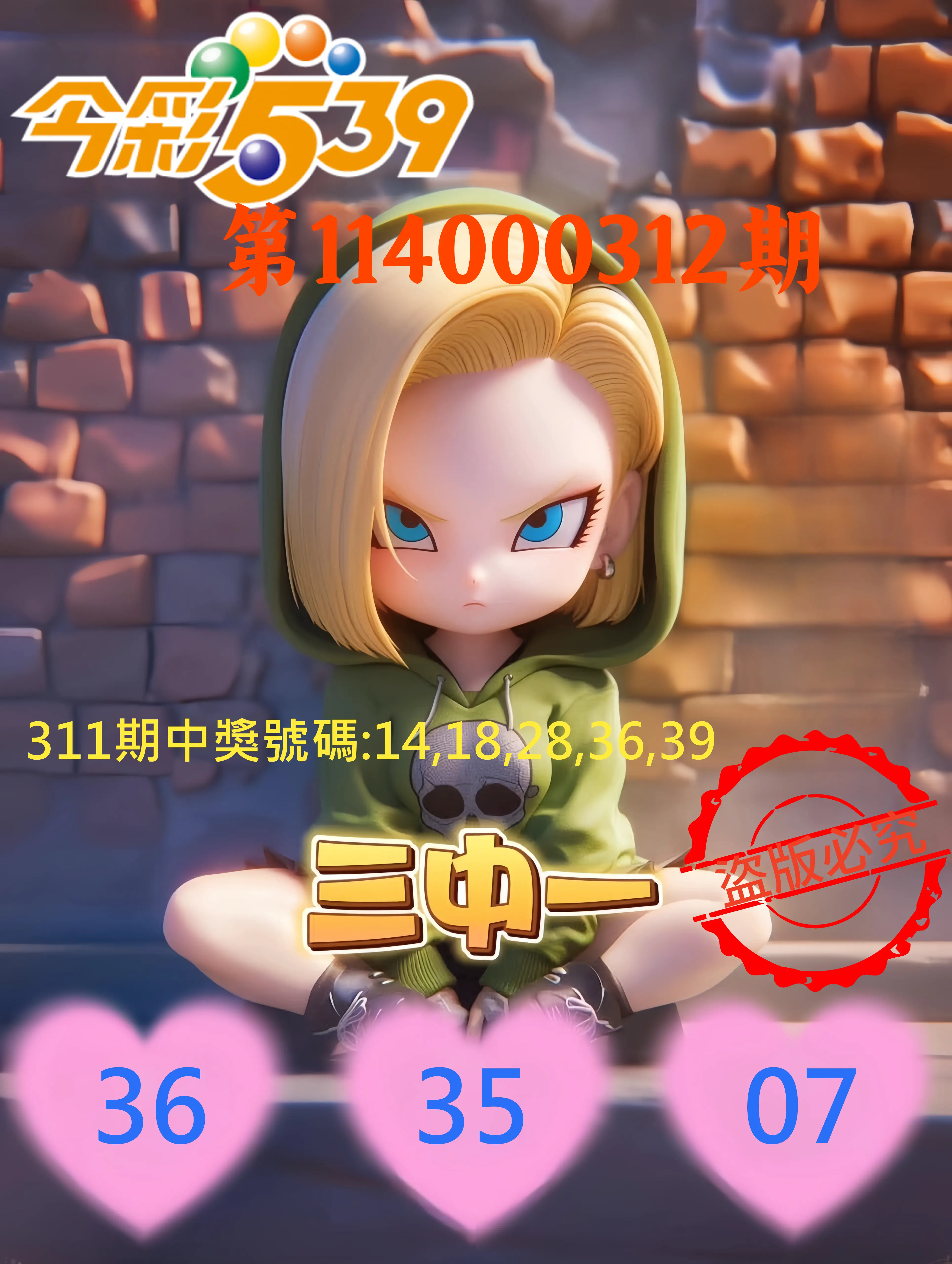 今彩539第114000312期(12/26)今彩539孫恩淑三中壹牌號