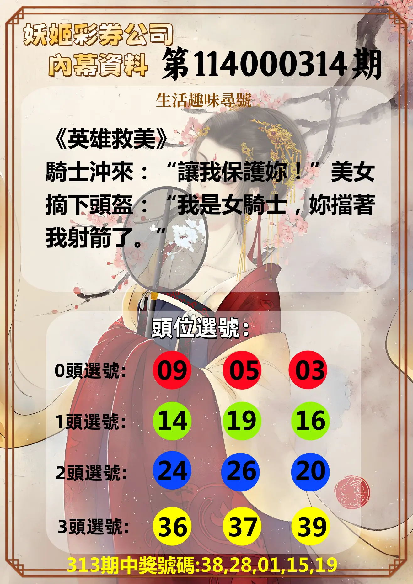 今彩539第114000314期(12/29)妖姬彩券公司內幕資料